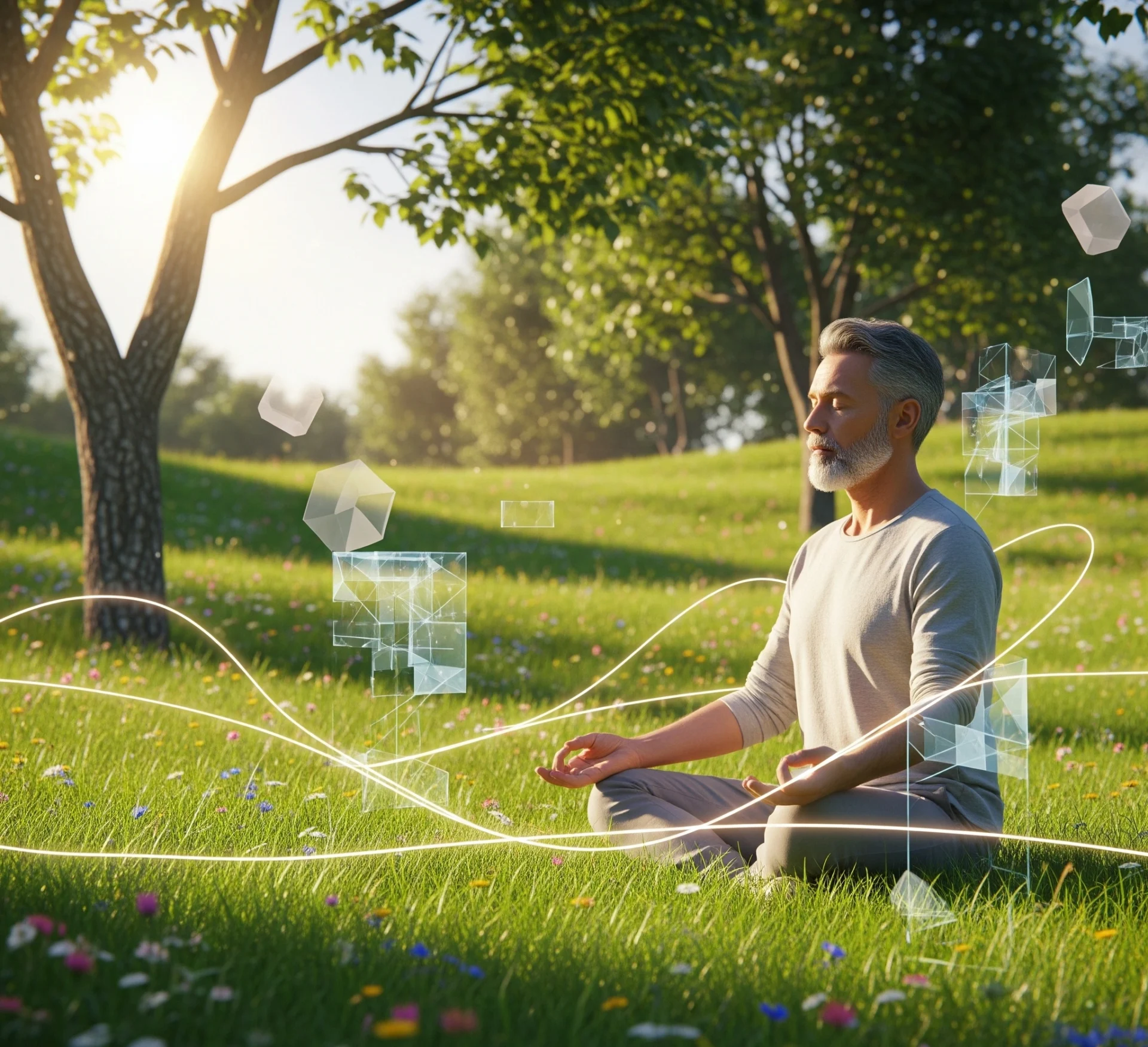 Pemandangan tenang di mana seseorang bermeditasi dengan damai, dengan elemen digital yang terintegrasi secara halus seperti cahaya lembut atau antarmuka minimalis yang menyatu dengan alam, melambangkan kehidupan digital yang harmonis.
