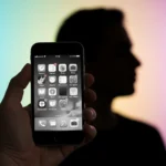 Sebuah tangan yang memegang smartphone dengan layar yang menampilkan aplikasi-aplikasi yang redup dan tidak berwarna (skala abu-abu). Di latar belakang, terlihat siluet kepala seseorang yang tampak lebih tenang dan fokus. Cahaya berwarna memancar dari area di luar jangkauan smartphone, melambangkan fokus dan kreativitas yang terbangkitkan saat tidak terpaku pada layar berwarna.
