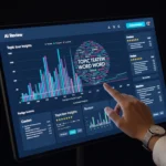 Gambar Metafora Sebuah dasbor digital yang bersinar terang, menampilkan grafik sentimen yang kompleks, word cloud topik, dan sorotan ulasan kunci, dengan tangan manusia yang intuitif menyentuh layar, melambangkan kemudahan penggunaan AI review tool dan insight yang jelas.