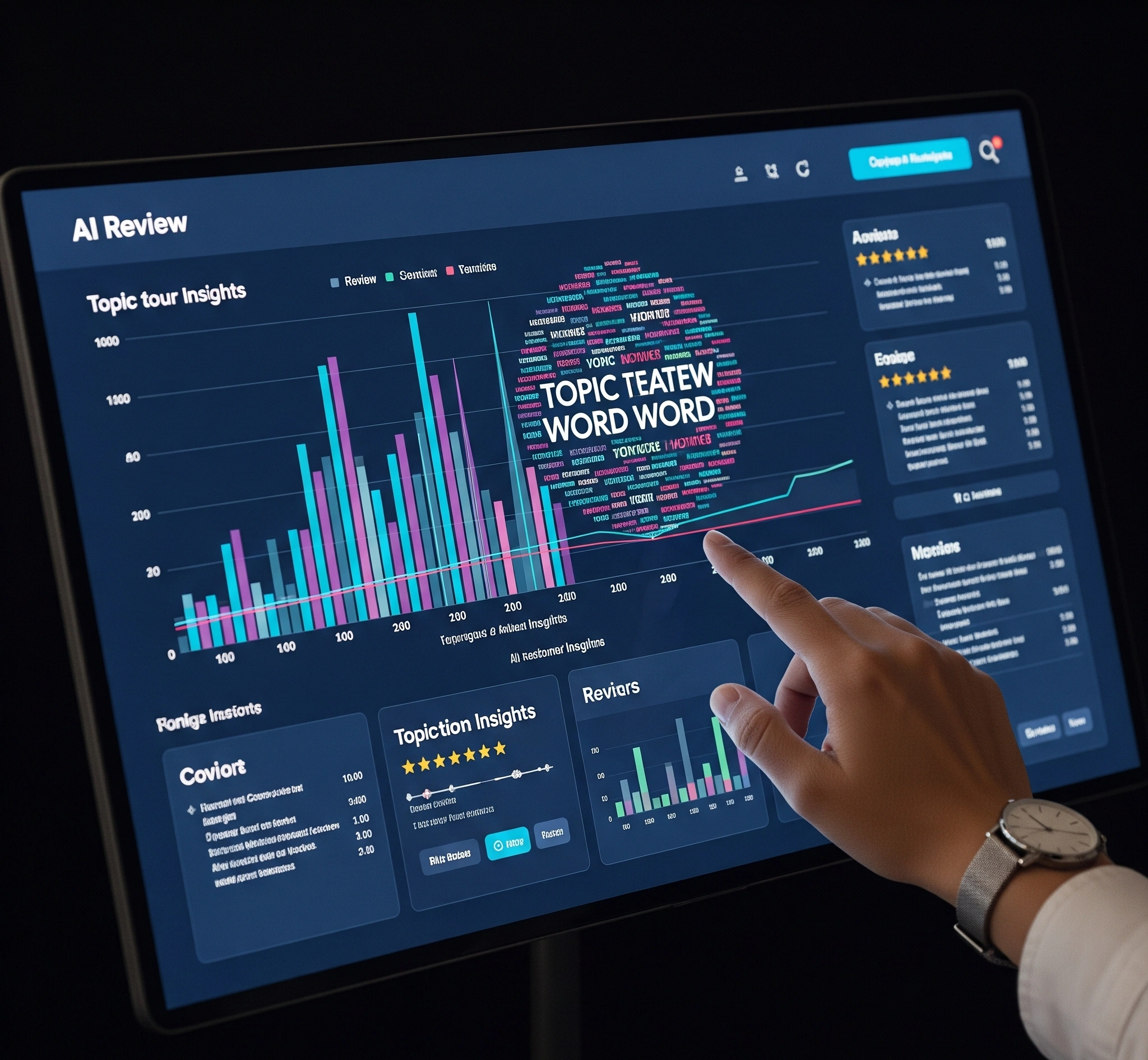 Gambar Metafora Sebuah dasbor digital yang bersinar terang, menampilkan grafik sentimen yang kompleks, word cloud topik, dan sorotan ulasan kunci, dengan tangan manusia yang intuitif menyentuh layar, melambangkan kemudahan penggunaan AI review tool dan insight yang jelas.