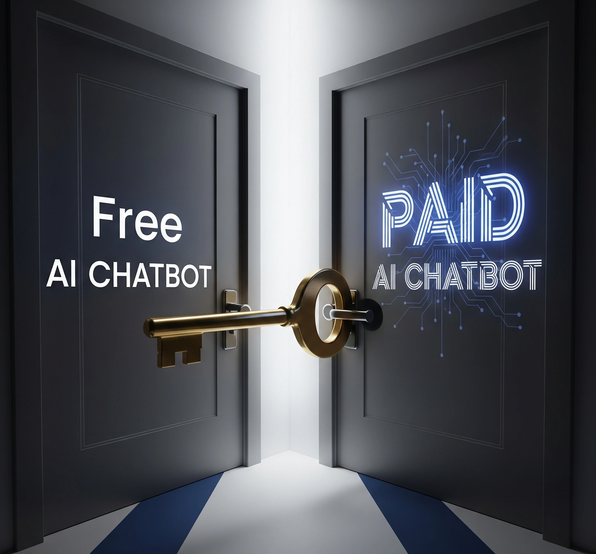 Screenshot komparasi antarmuka chatbot satu sisi menunjukkan chatbot gratis dengan respons standar dan tombol pilihan, sisi lain menunjukkan chatbot premium dengan respons AI yang lebih natural, personal, dan terintegrasi dengan data pelanggan, serta fitur keamanan. Ini visualisasi komparasi aplikasi AI chatbot gratis vs berbayar.