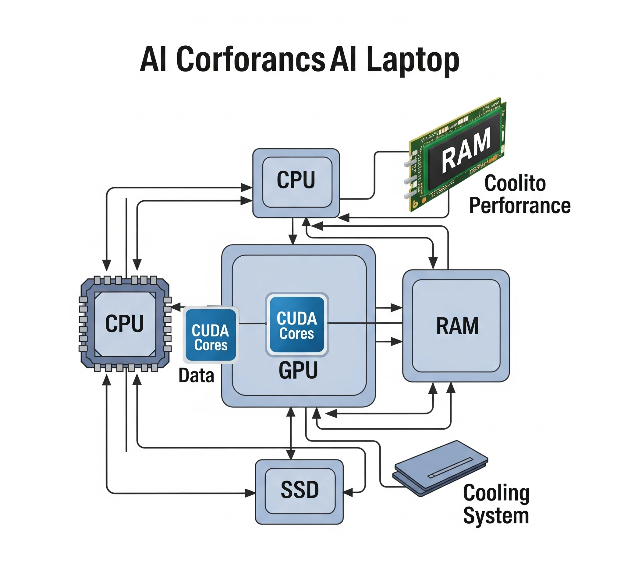 Diagram Infografis Menampilkan CPU, GPU (dengan ikon CUDA Cores), RAM, SSD, dan Cooling System sebagai blok-blok utama yang saling terhubung dalam sebuah sirkuit, menekankan pentingnya setiap komponen dalam rekomendasi laptop AI coding.
