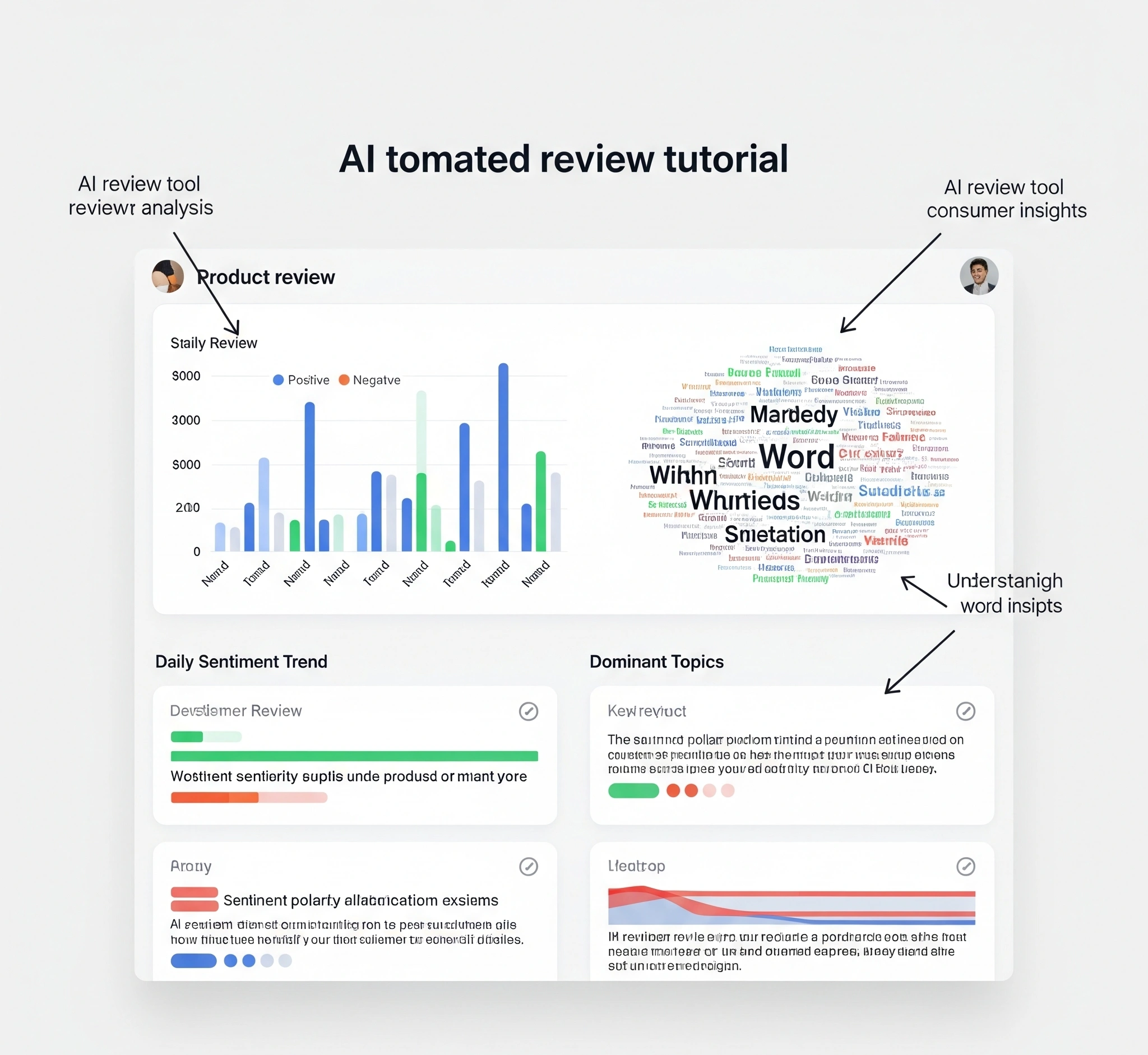 Screenshot dasbor AI review tool yang menampilkan ringkasan sentimen ulasan produk. Terdapat grafik batang untuk sentimen positifnegatif, word cloud topik yang sering disebut, dan beberapa kutipan ulasan kunci dengan highlight sentimen. Anotasi menunjuk ke 'Tren Sentimen Harian' dan 'Topik Dominan'. Ini adalah tutorial review otomatis.