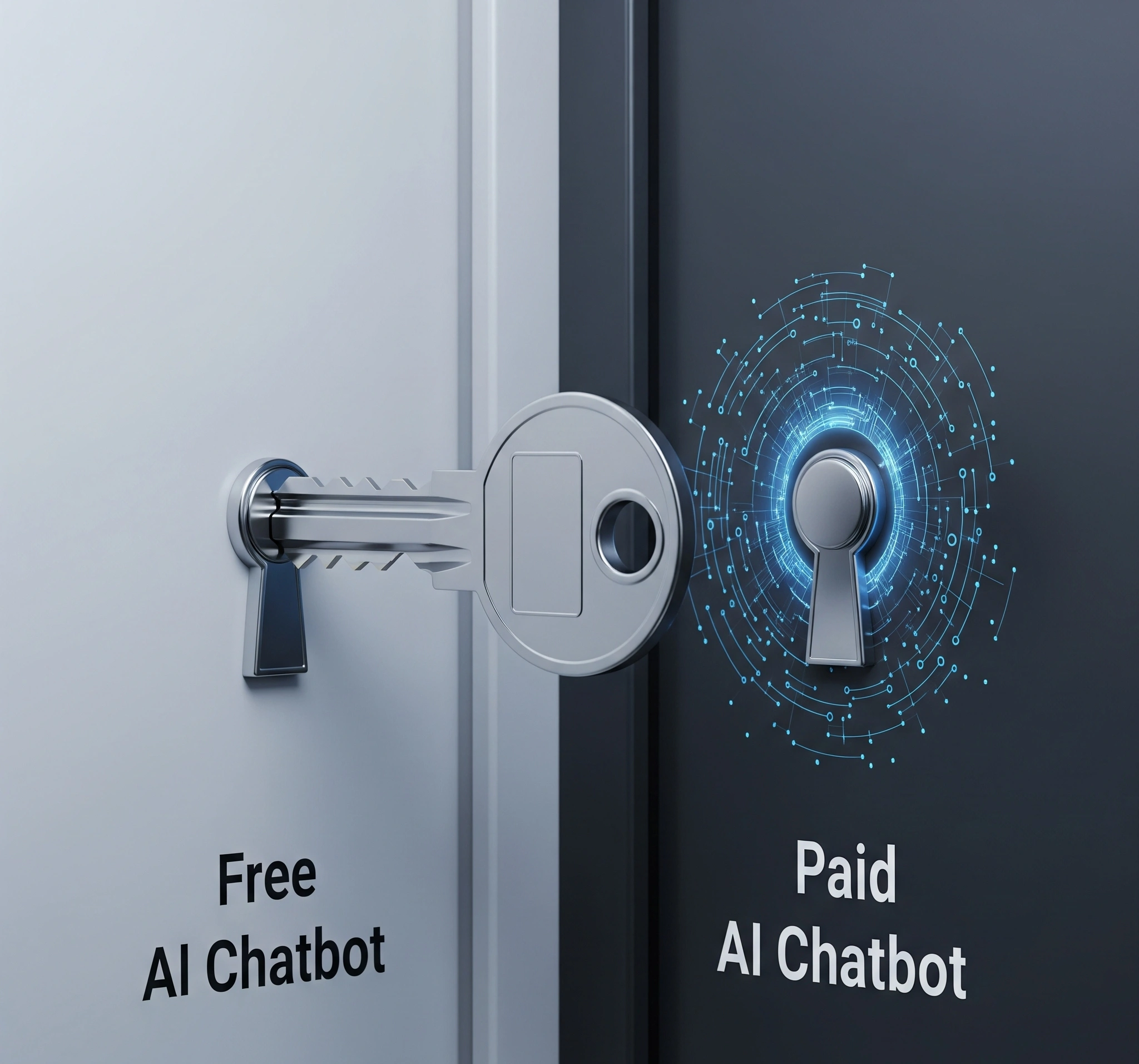 Diagram Infografis Dua kotak berdampingan 'Chatbot Gratis (Rule-Based, NLP Dasar, Integrasi Terbatas)' dan 'Chatbot Berbayar (AIML Driven, NLP Canggih, Integrasi Multisaluran, Kustomisasi Ekstensif)'. Panah menghubungkan keduanya, merepresentasikan komparasi aplikasi AI chatbot gratis vs berbayar.