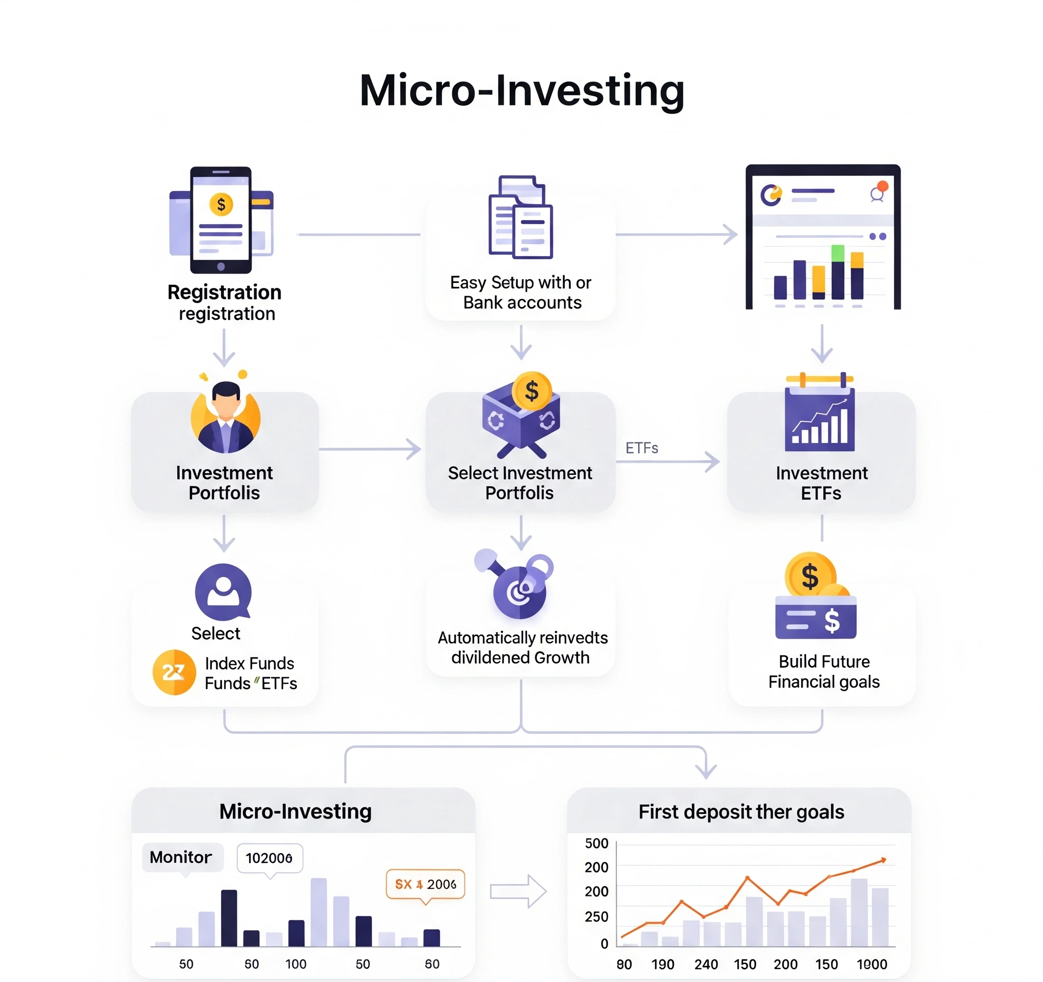 Diagram alur cara kerja investasi mikro untuk kaum muda, menunjukkan langkah-langkah dari pendaftaran hingga pertumbuhan investasi.