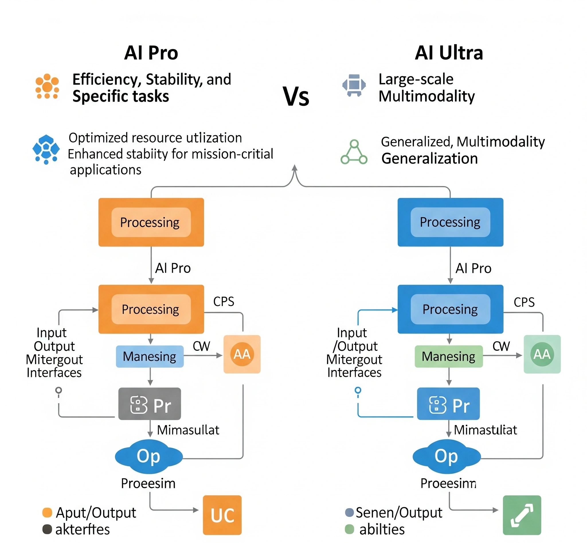 Diagram alur yang membandingkan arsitektur AI Pro (fokus pada efisiensi, stabilitas, tugas spesifik) dan AI Ultra (fokus pada skala besar, multimodalitas, generalisasi).