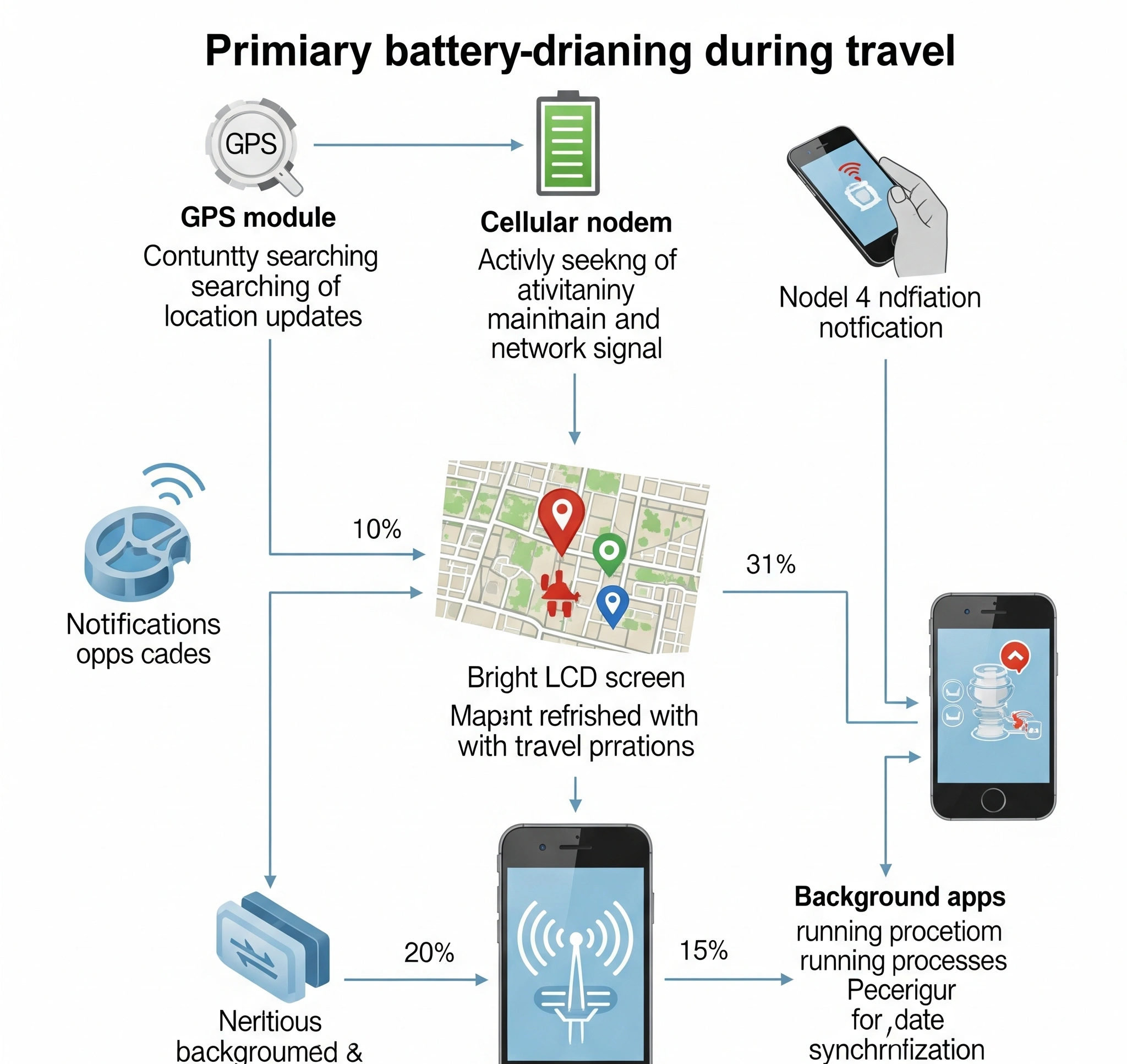 Diagram alur yang menunjukkan komponen utama ponsel yang mengonsumsi baterai paling banyak saat traveling, seperti GPS, pencarian sinyal, layar, dan aplikasi latar belakang.