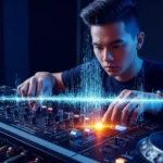 Gambar DJ yang sedang mengatur equalizer suara, dengan satu slider bersinar terang, melambangkan penyesuaian yang tepat dan strategi untuk kesuksesan viral, dengan gelombang suara digital memancar darinya.