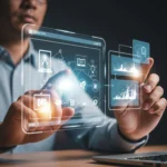 Gambar metafora tangan manusia berinteraksi dengan antarmuka holografik, mengubah tugas kompleks menjadi proses sederhana yang disederhanakan oleh AI, melambangkan efisiensi kerja dan tips cepat kerja.