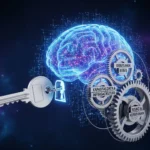 Image of a key unlocking a digital brain with three gears labeled 'Kebutuhan Bisnis', 'Kapasitas Data & Infrastruktur', and 'Risiko & Kepatuhan'.