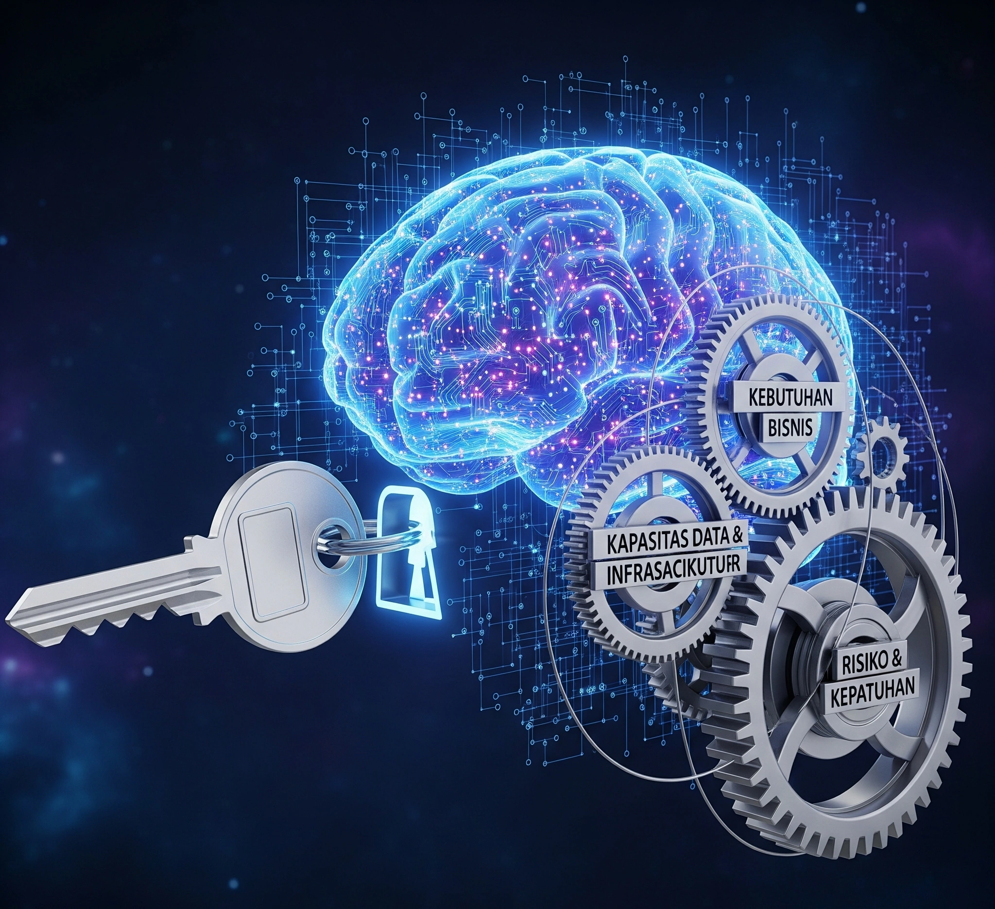 Image of a key unlocking a digital brain with three gears labeled 'Kebutuhan Bisnis', 'Kapasitas Data & Infrastruktur', and 'Risiko & Kepatuhan'.