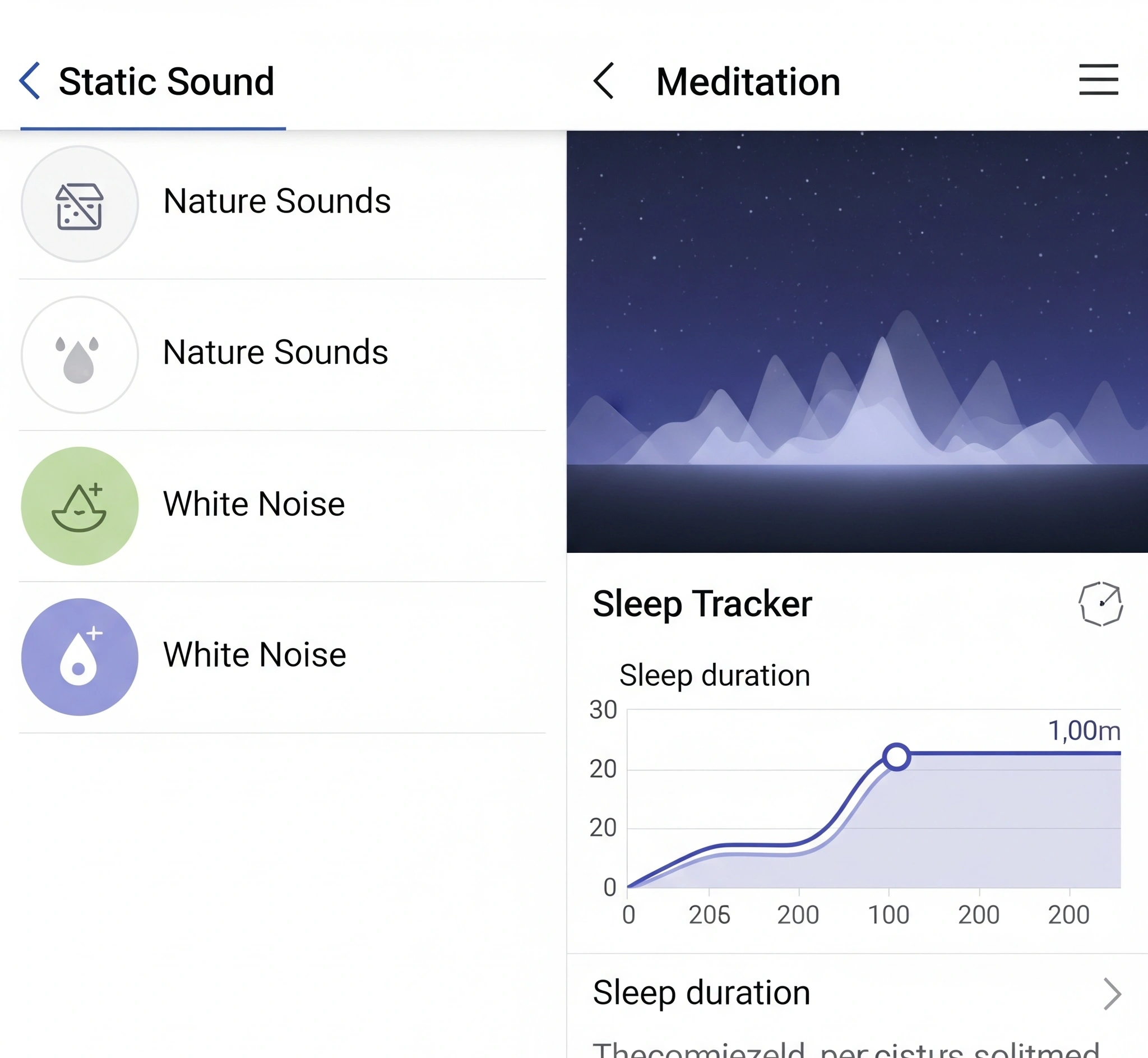 Screenshot antarmuka aplikasi meditasi awal yang generik dengan opsi suara statis dan pelacak tidur, menunjukkan kurangnya personalisasi.