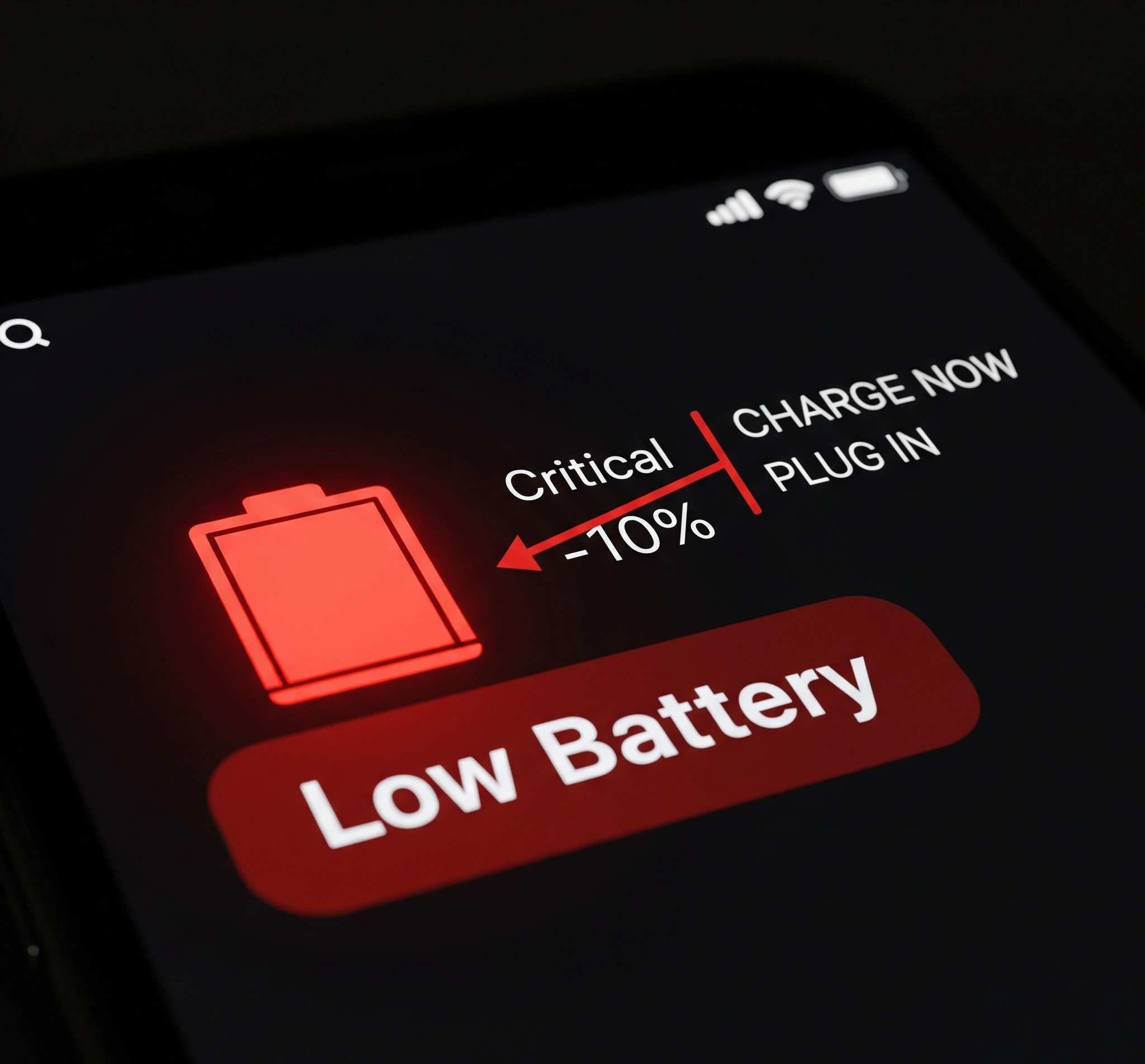 Screenshot layar ponsel menunjukkan ikon baterai merah dan notifikasi baterai lemah, dengan anotasi panah menyorot persentase baterai yang kritis dan peringatan.