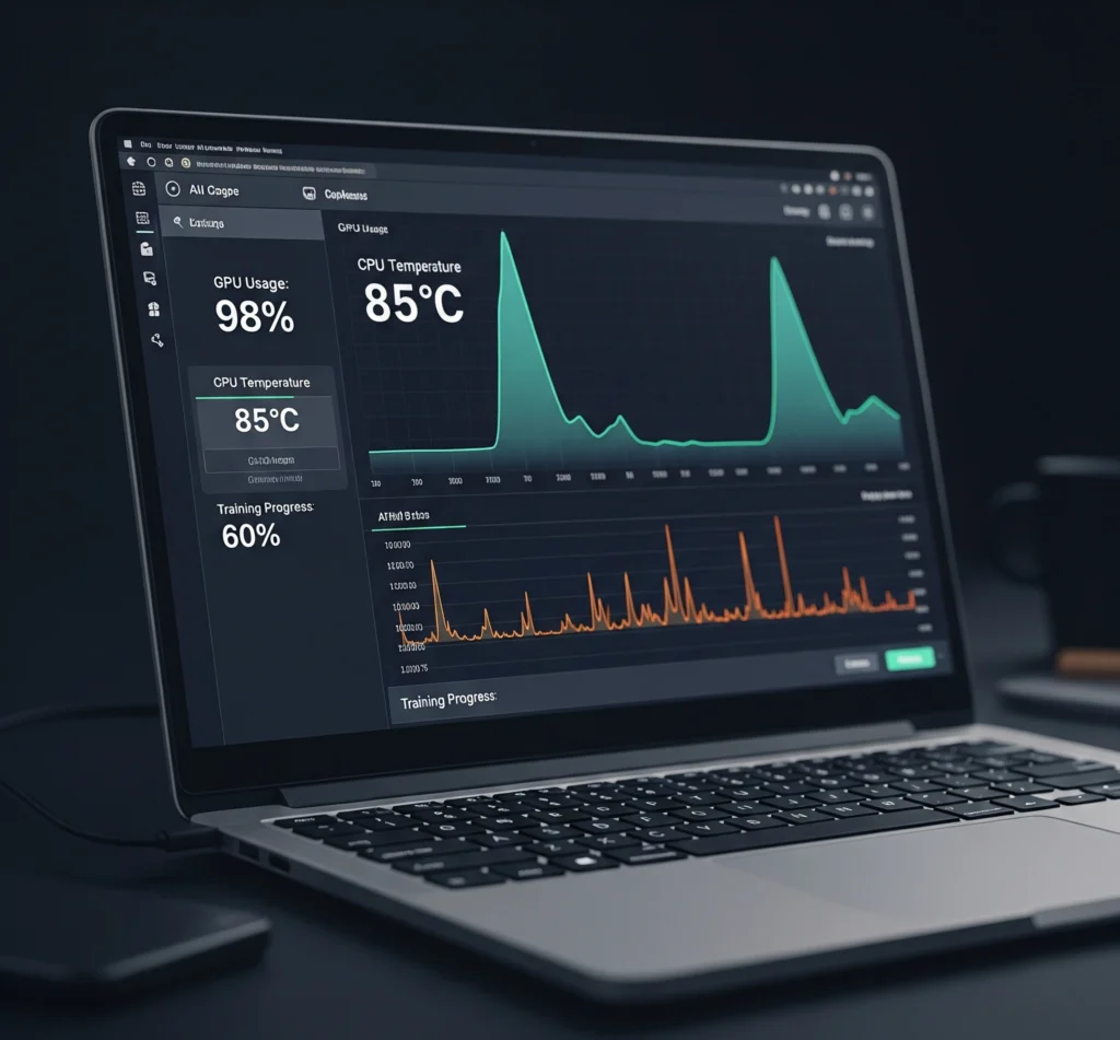 Screenshot monitor performa laptop yang menampilkan grafik penggunaan CPU dan GPU yang tinggi selama pelatihan model AI. Anotasi menyoroti 'GPU Usage 98%', 'CPU Temperature 85°C', dan 'Training Progress'. Ini menunjukkan performa laptop AI coding.