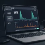 Screenshot monitor performa laptop yang menampilkan grafik penggunaan CPU dan GPU yang tinggi selama pelatihan model AI. Anotasi menyoroti 'GPU Usage 98%', 'CPU Temperature 85°C', dan 'Training Progress'. Ini menunjukkan performa laptop AI coding.