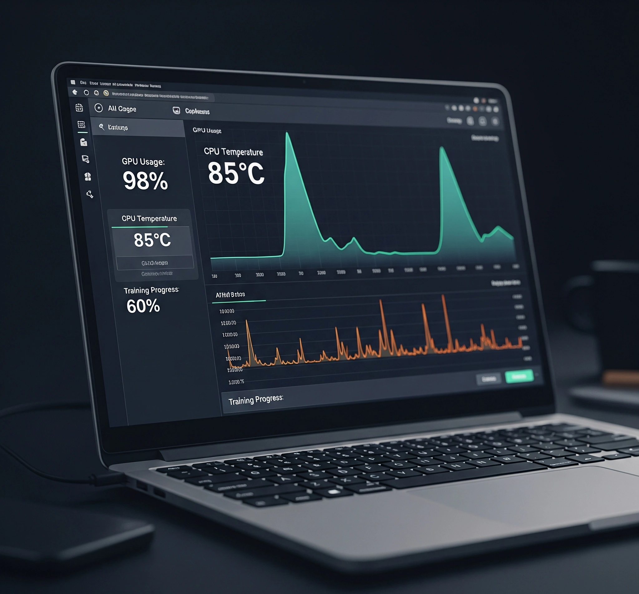 Screenshot monitor performa laptop yang menampilkan grafik penggunaan CPU dan GPU yang tinggi selama pelatihan model AI. Anotasi menyoroti 'GPU Usage 98%', 'CPU Temperature 85°C', dan 'Training Progress'. Ini menunjukkan performa laptop AI coding.