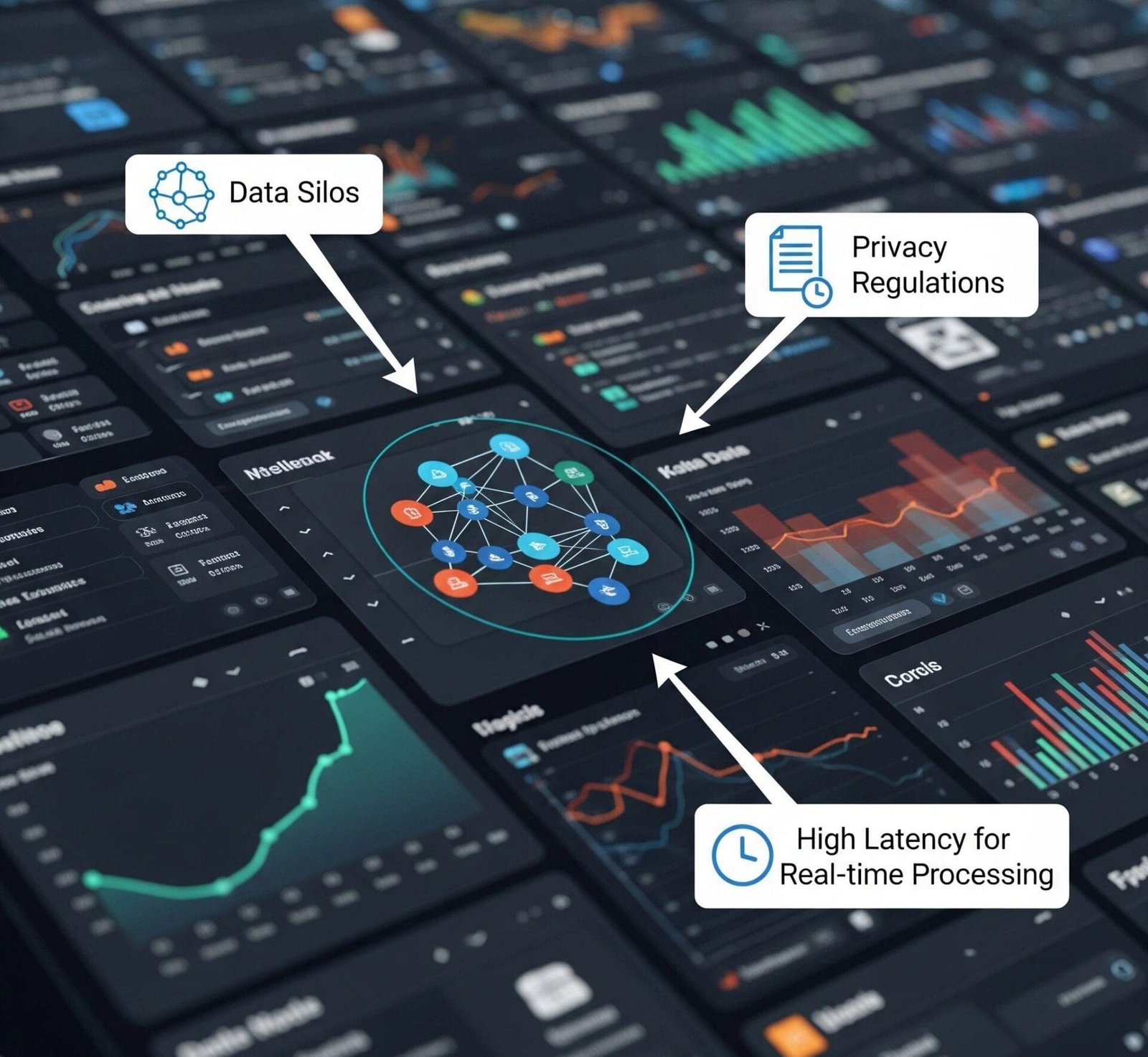 Screenshot of a cluttered data integration dashboard with arrows pointing to 'Data Silos,' 'Privacy Regulations,' and 'High Latency for Real-time Processing'.