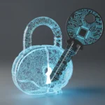 Sebuah gambar metafora yang menggambarkan kunci dengan pola sirkuit mikro membuka gembok berbentuk otak digital. Menggambarkan harapan dan pemberdayaan dalam mengatasi kecanduan digital.