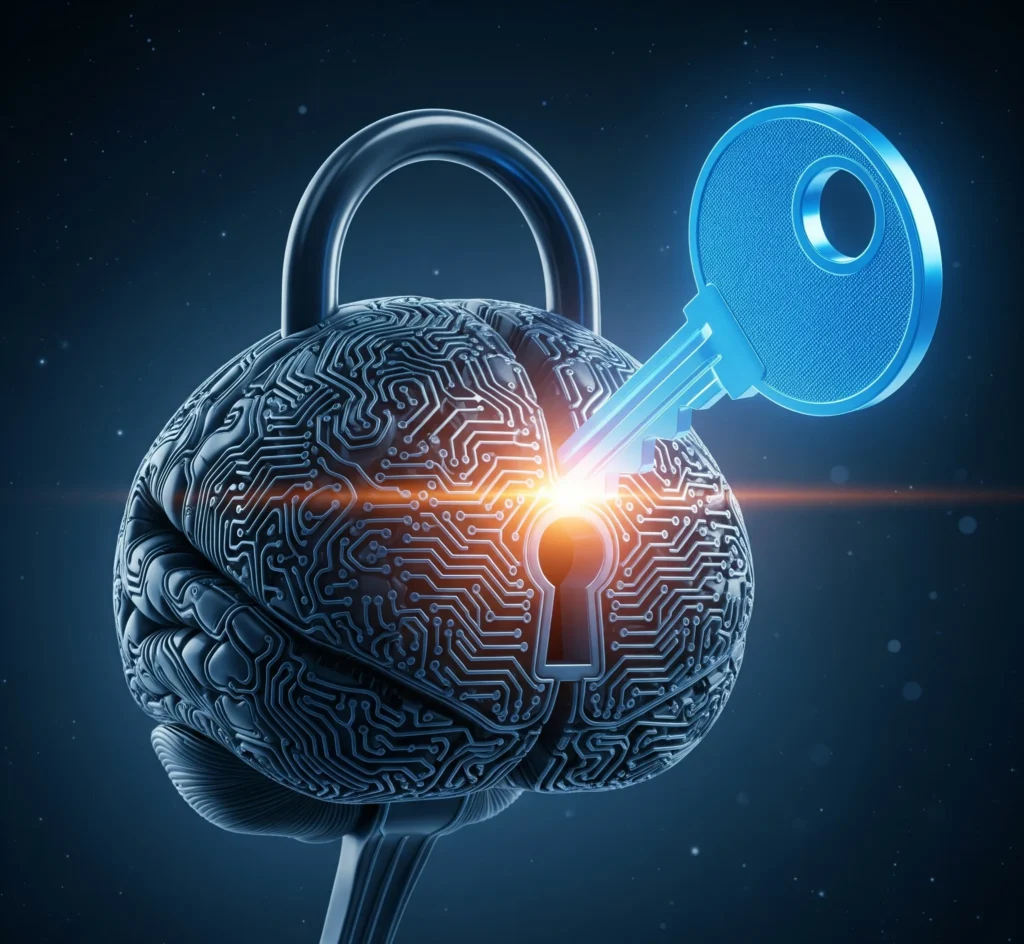 Sebuah gambar metafora yang menunjukkan kunci digital membuka gembok berbentuk otak, melambangkan pemahaman dan solusi terhadap kompleksitas AI dan tool AI.
