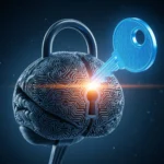 Sebuah gambar metafora yang menunjukkan kunci digital membuka gembok berbentuk otak, melambangkan pemahaman dan solusi terhadap kompleksitas AI dan tool AI.