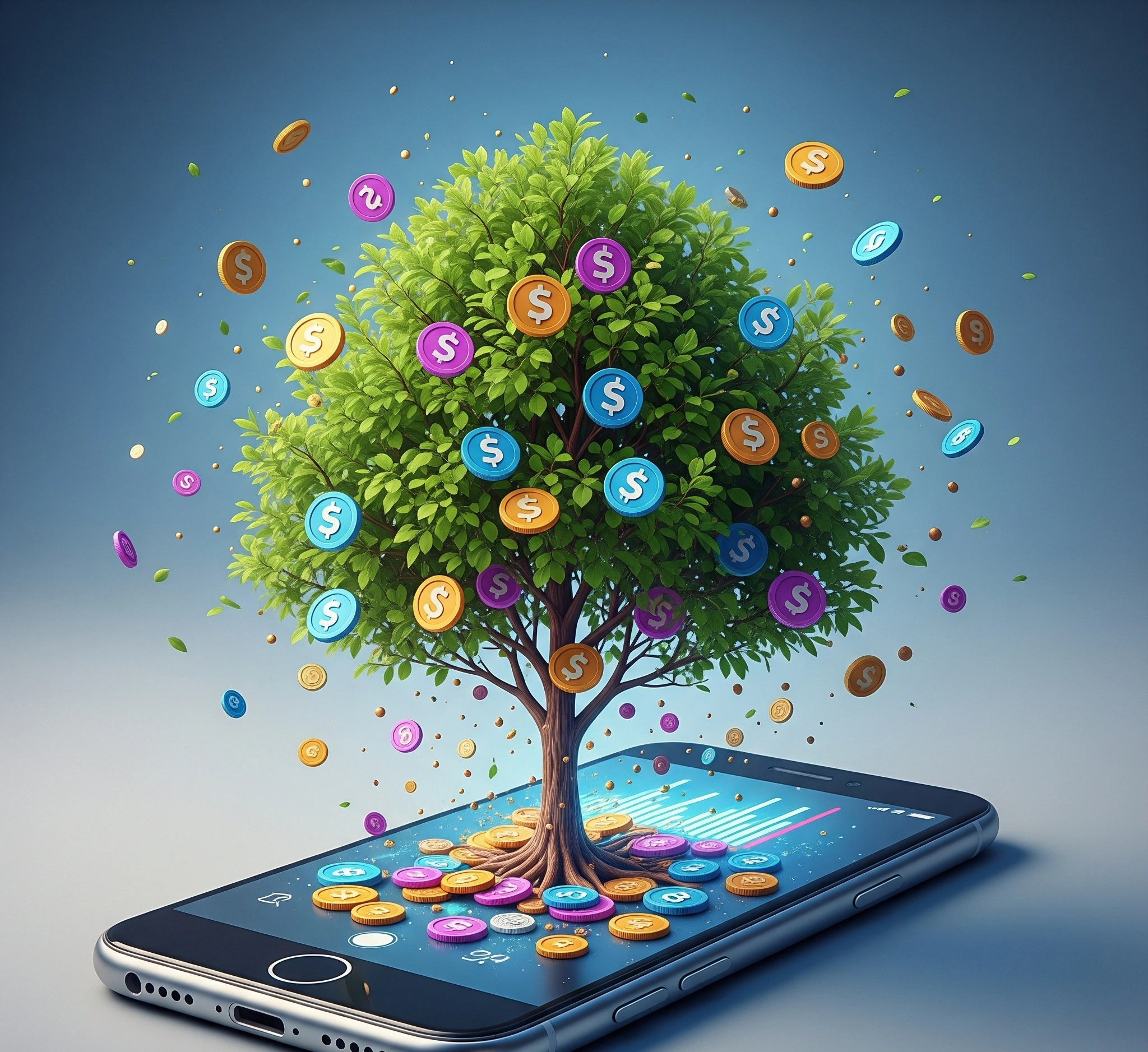 Simbol pertumbuhan keuangan anak muda melalui investasi mikro digital, menampilkan koin digital yang tumbuh menjadi pohon dari layar smartphone.