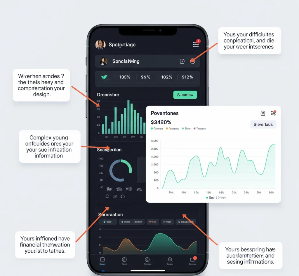 Simulasi tangkapan layar dasbor aplikasi finansial yang rumit dengan anotasi menunjukkan data berlebihan dan kurang jelas, menghambat pengelolaan keuangan anak muda.