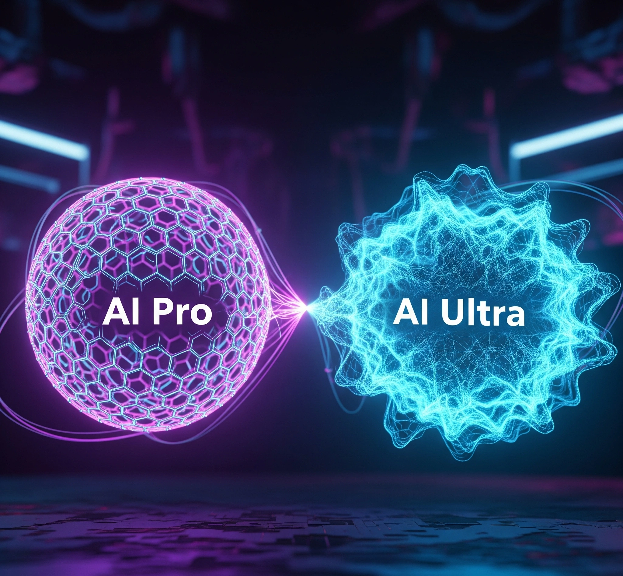 Two distinct, glowing neural network structures one labeled 'AI Pro' with stable patterns and 'AI Ultra' with fluid patterns, interacting. Represents AI innovation in 2025.