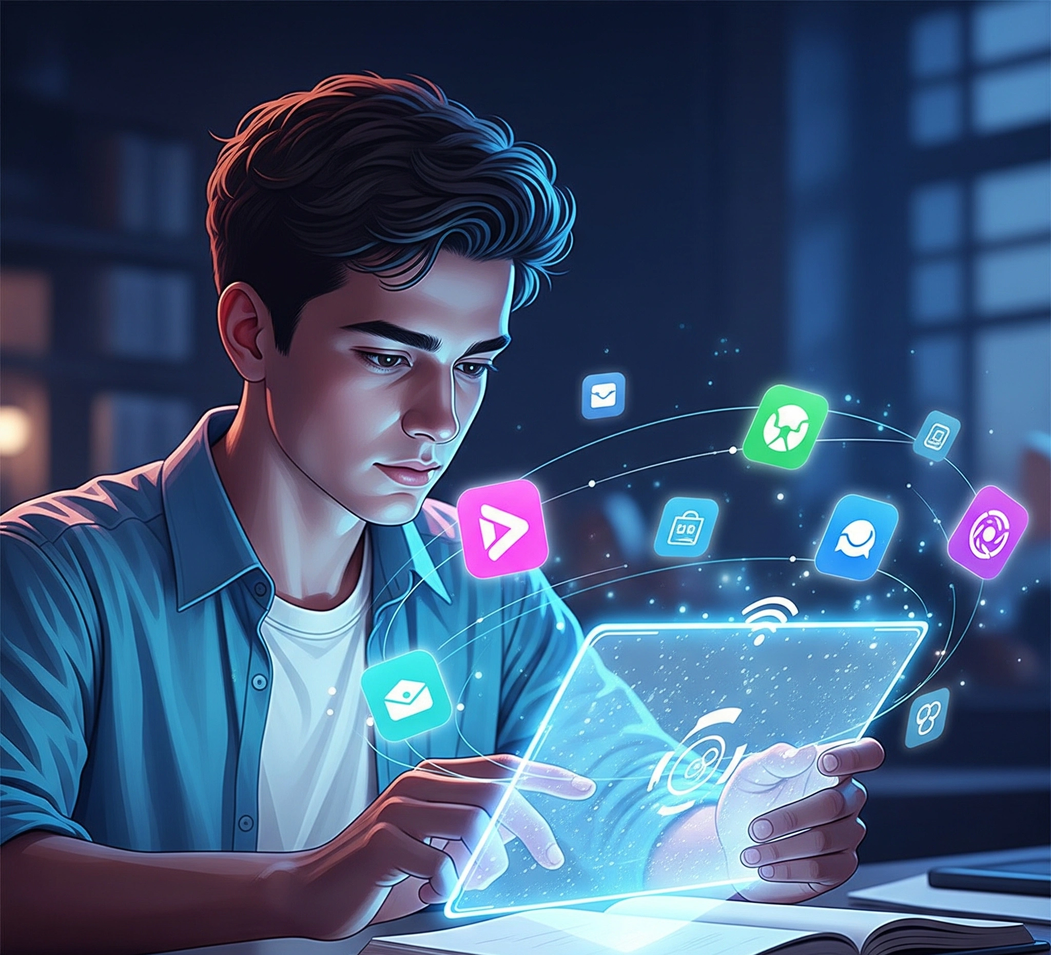 Gambar Utama Ilustrasi futuristik seorang pelajar muda yang fokus di depan tablet holografik, dikelilingi oleh ikon-ikon aplikasi yang bersinar melambangkan produktivitas, kolaborasi, dan pembelajaran digital,