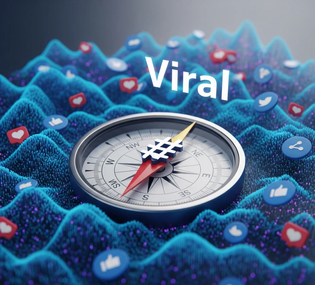 Gambar kompas yang menunjuk ke arah 'Viral', dengan jarumnya berbentuk ikon hashtag, dikelilingi oleh gelombang data dan ikon media sosial. Melambangkan panduan strategis untuk menavigasi dan menciptakan hasht