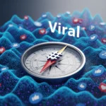 Gambar kompas yang menunjuk ke arah 'Viral', dengan jarumnya berbentuk ikon hashtag, dikelilingi oleh gelombang data dan ikon media sosial. Melambangkan panduan strategis untuk menavigasi dan menciptakan hasht