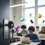Gambar Metafora Sebuah meja belajar minimalis dengan hanya beberapa gadget esensial (laptop tipis, tablet, earphone) yang tertata rapi dan bersinar dengan cahaya lembut, melambangkan filosofi efisiensi dan rek