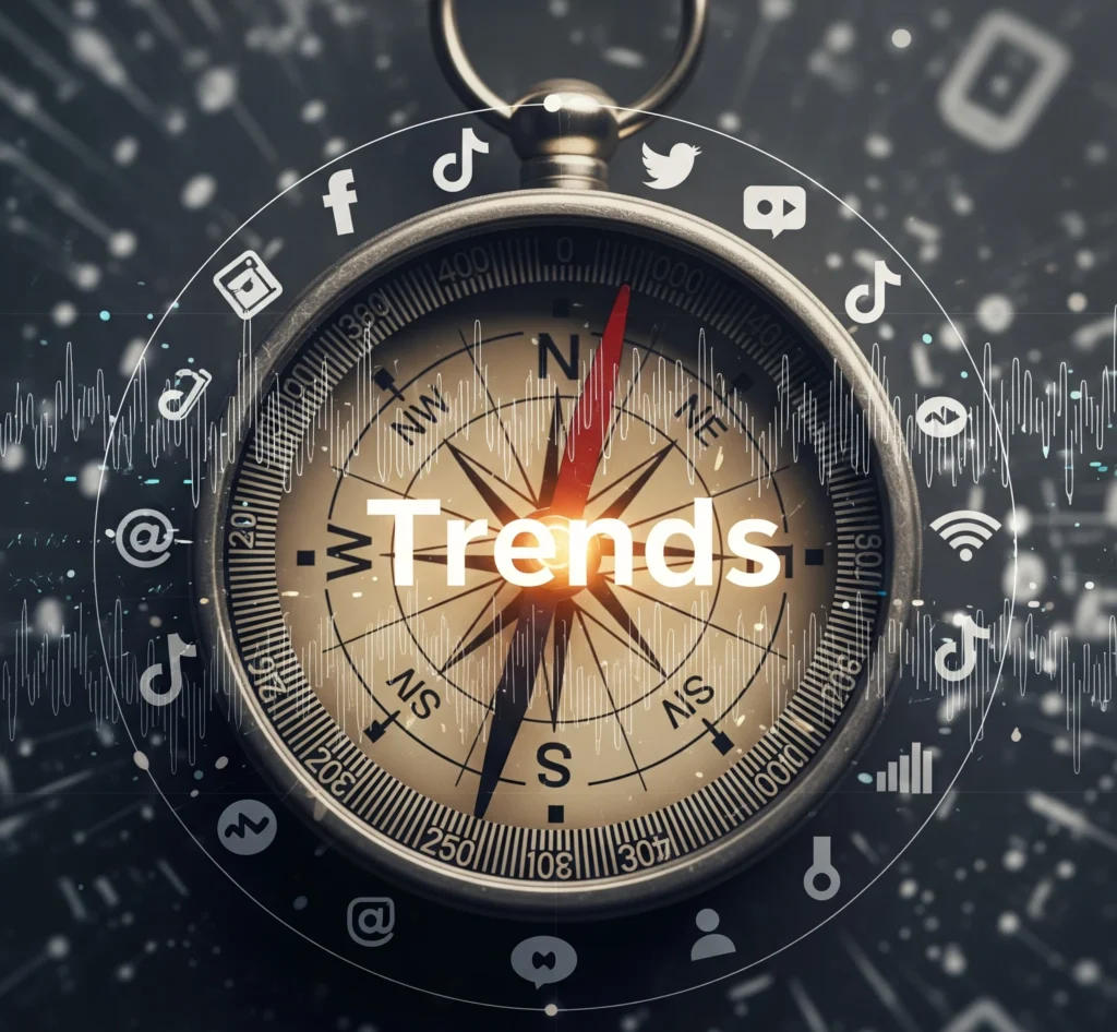 Gambar kompas yang menunjuk ke arah 'Tren', dikelilingi oleh ikon-ikon media sosial dan gelombang data digital, melambangkan panduan strategis dalam menavigasi dan menciptakan tren di platform digital seperti TikTok