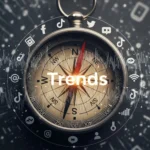 Gambar kompas yang menunjuk ke arah 'Tren', dikelilingi oleh ikon-ikon media sosial dan gelombang data digital, melambangkan panduan strategis dalam menavigasi dan menciptakan tren di platform digital seperti TikTok