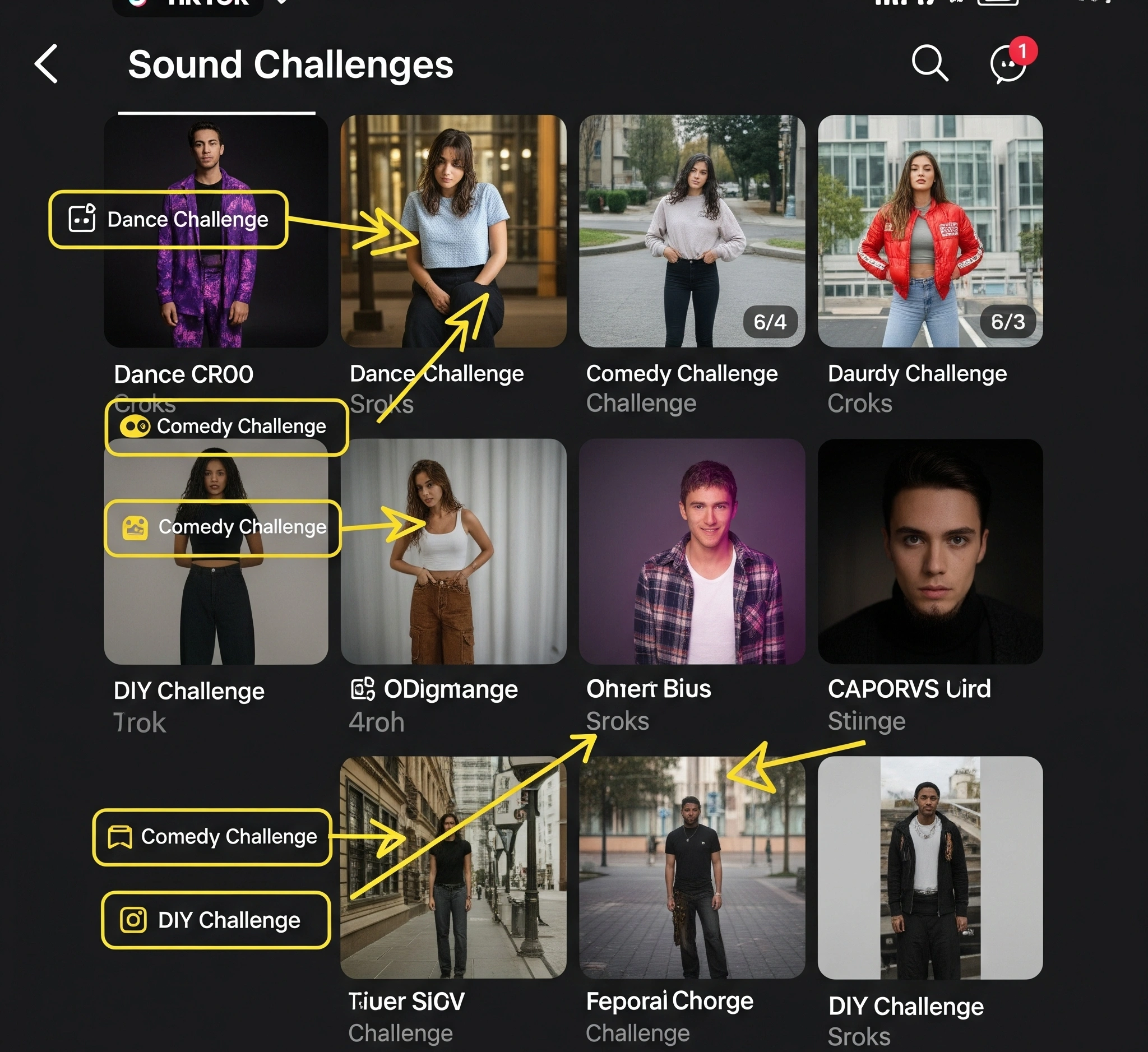 Infografis yang menampilkan komponen ekosistem sound challenge TikTok Kreator Konten, Komunitas Pengguna, Algoritma TikTok, dan Siklus Tren Cepat. Ikon headset dengan not musik, sekelompok orang, otak digital,