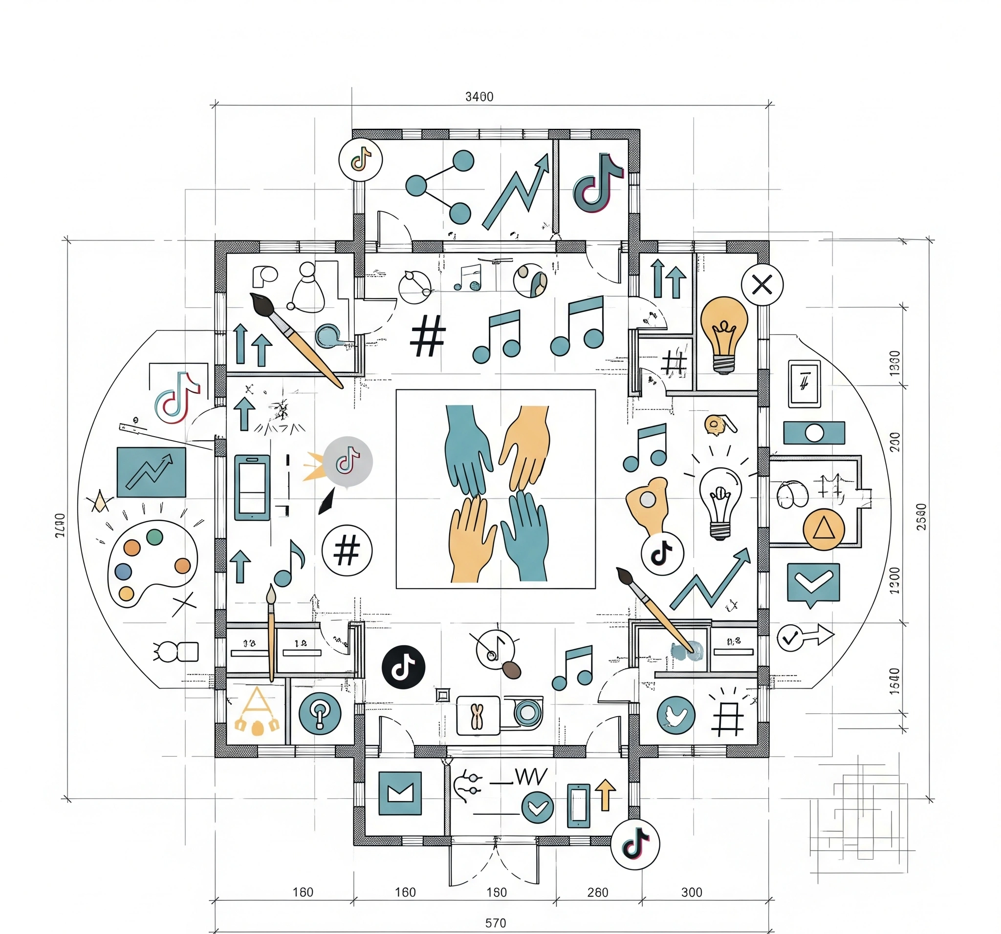 Gambar blueprint atau cetak biru dengan ikon tangan yang saling membantu di tengah, dikelilingi oleh simbol-simbol kreativitas dan viralitas digital, melambangkan perencanaan strategis untuk challenge TikTok 