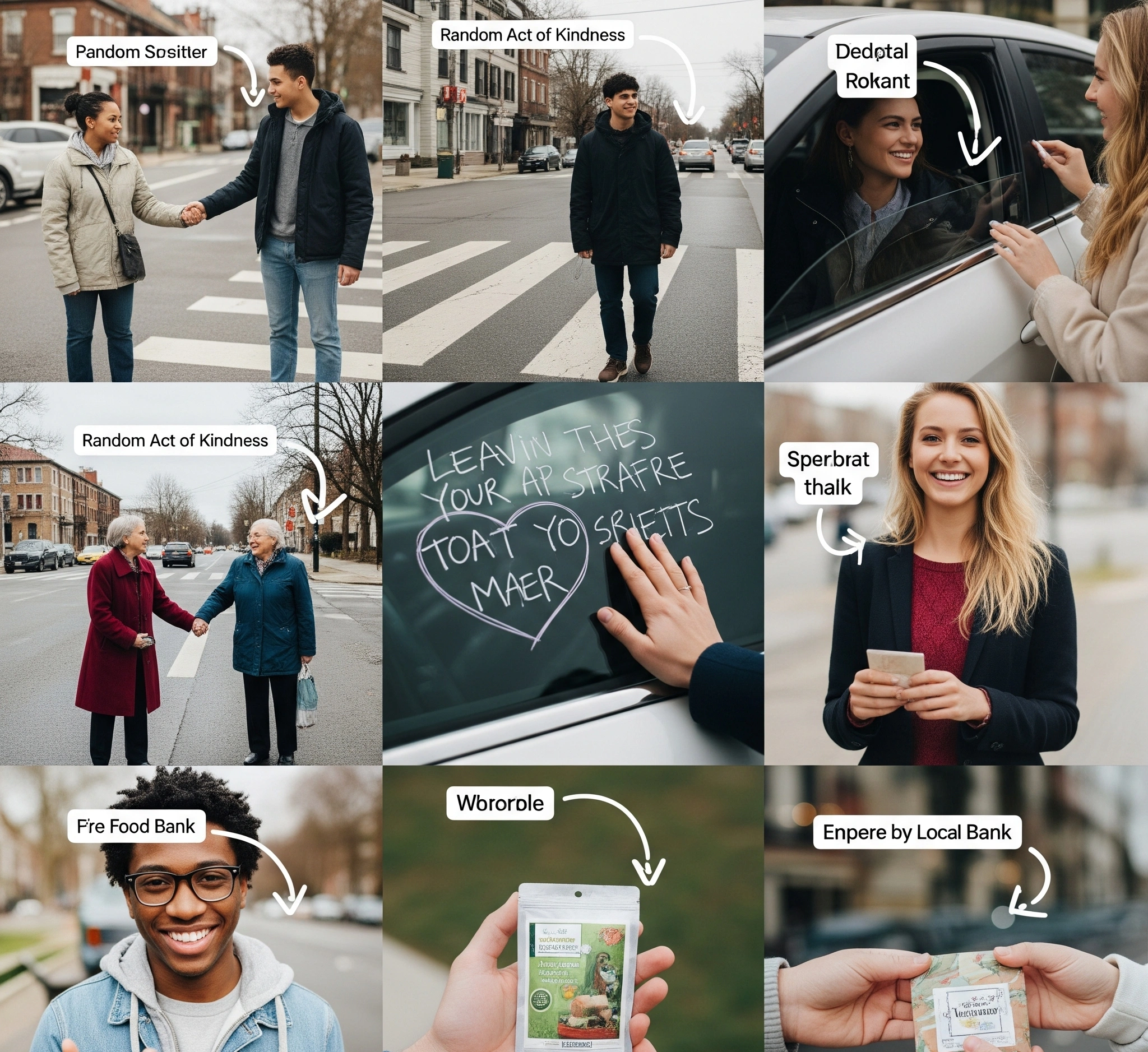 Screenshot kumpulan video TikTok yang berbeda menggunakan 'Random Act of Kindness Challenge'. Anotasi menunjukkan panah ke video membantu orang tua, panah ke video meninggalkan pesan positif, dan panah ke vide