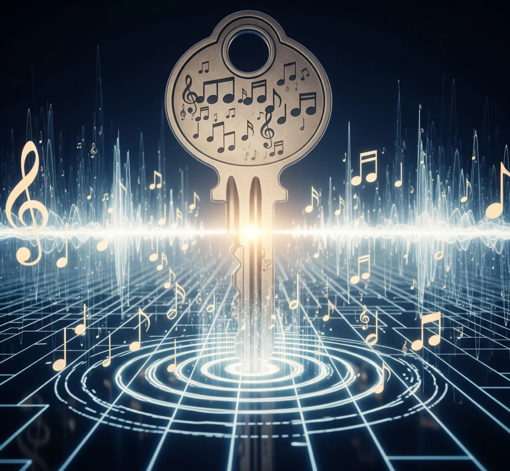 Gambar metafora kunci yang membuka jaringan luas not musik dan gelombang digital, melambangkan strategi viralitas musik.