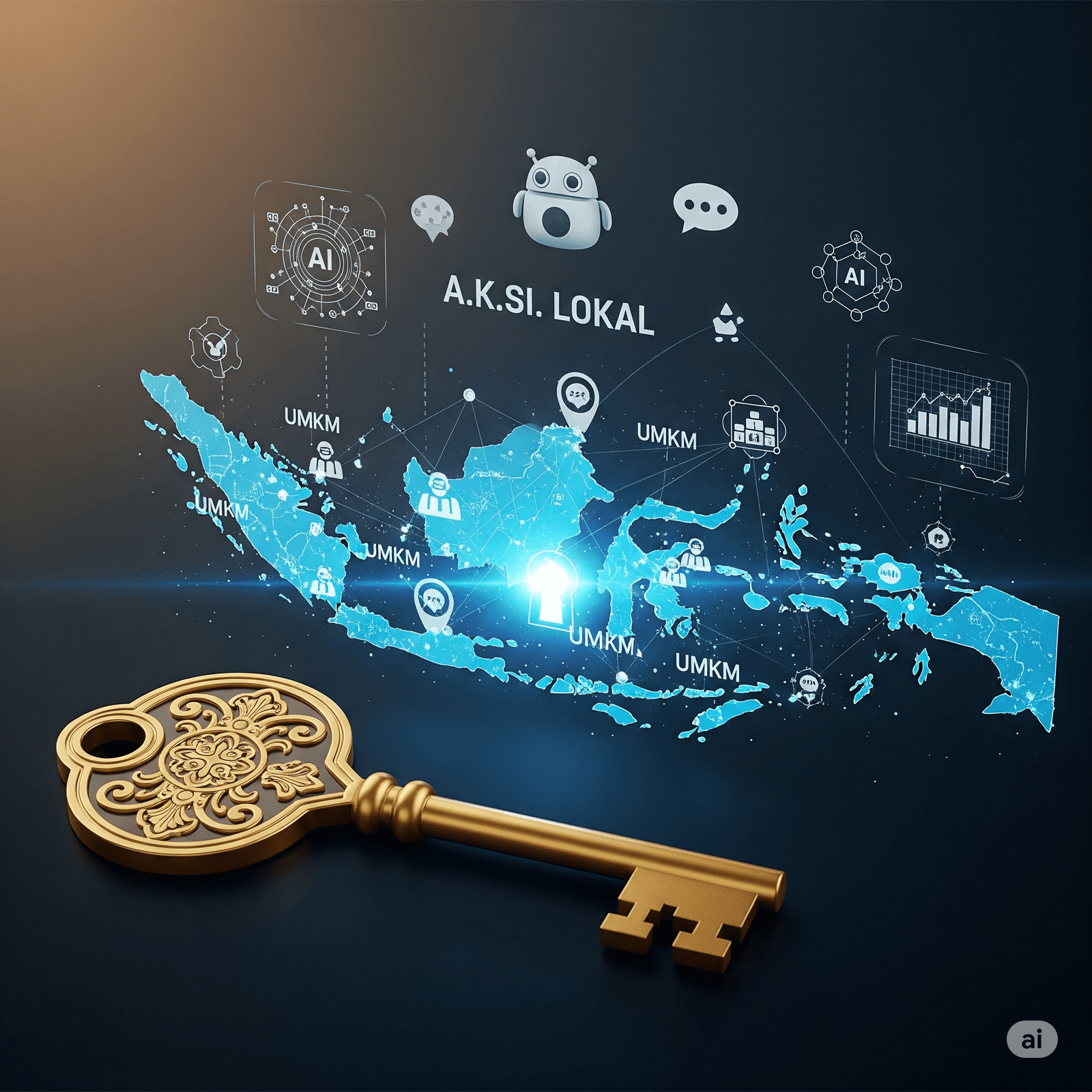 Gambar Metafora Sebuah tangan manusia memegang chip AI yang memancarkan cahaya ke arah sekumpulan ikon bisnis UMKM (toko, keranjang belanja, grafik pertumbuhan) di atas peta Indonesia, melambangkan Framework A.K.S.I. L