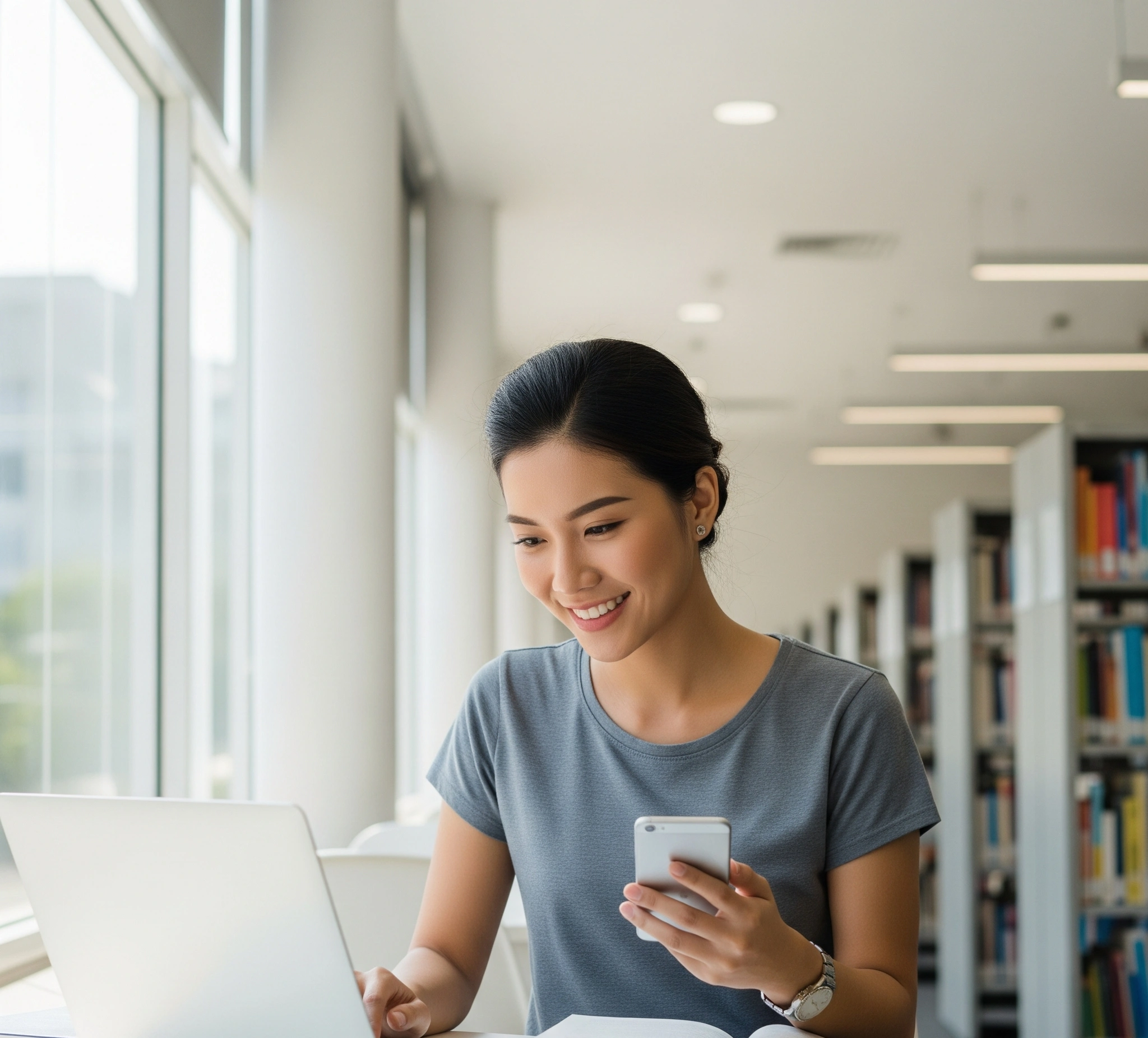 Gambar Utama Ilustrasi seorang mahasiswa yang tersenyum menggunakan laptop tipis dan smartphone terbaru dengan latar belakang perpustakaan modern atau area belajar kampus, menunjukkan bagaimana gadget murah da