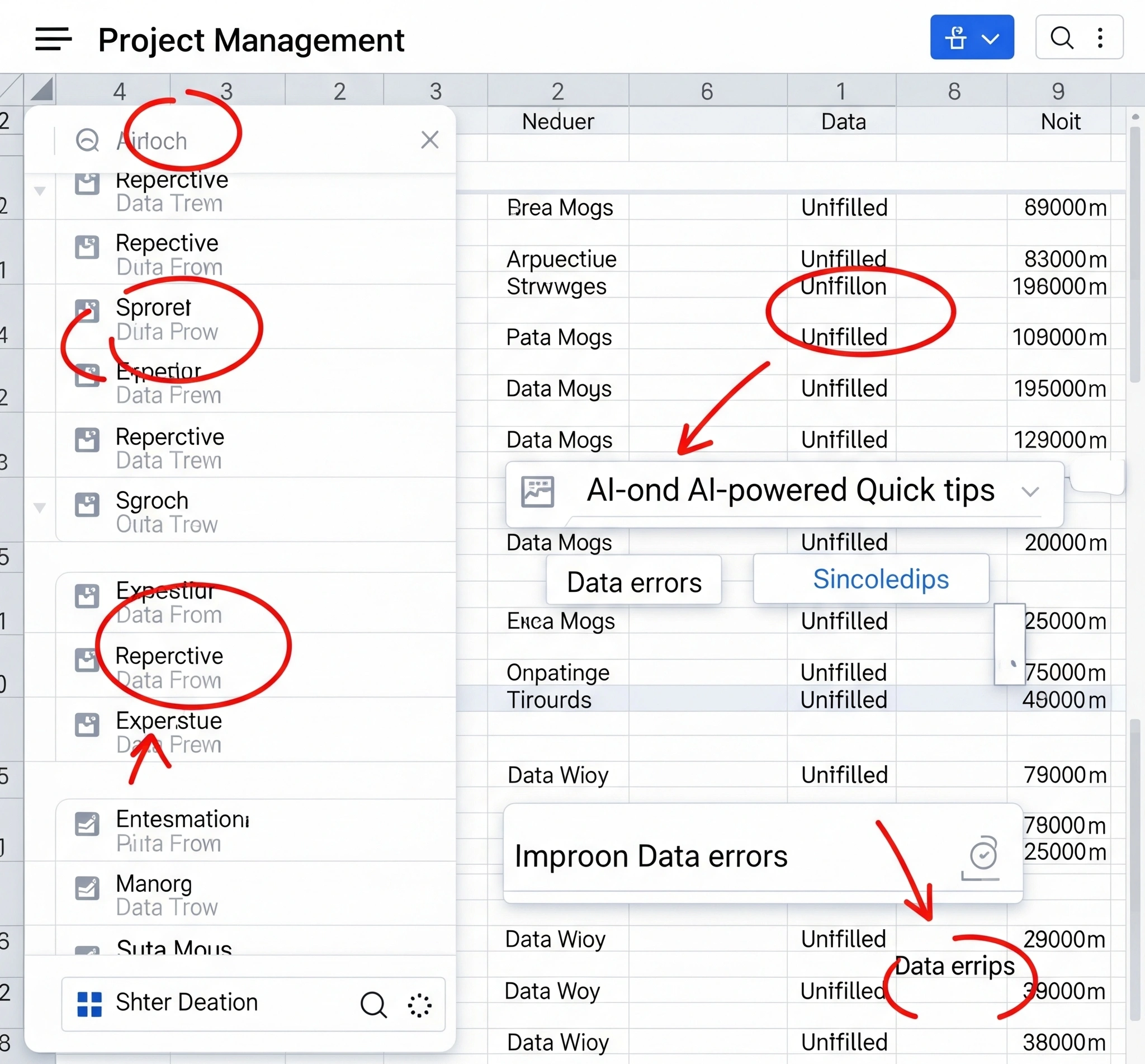 Tangkapan layar dasbor manajemen proyek manual yang berantakan, atau spreadsheet yang penuh data mentah, dengan lingkaran merah dan panah menyoroti tugas manual berulang, kesalahan data, dan kolom yang belum t