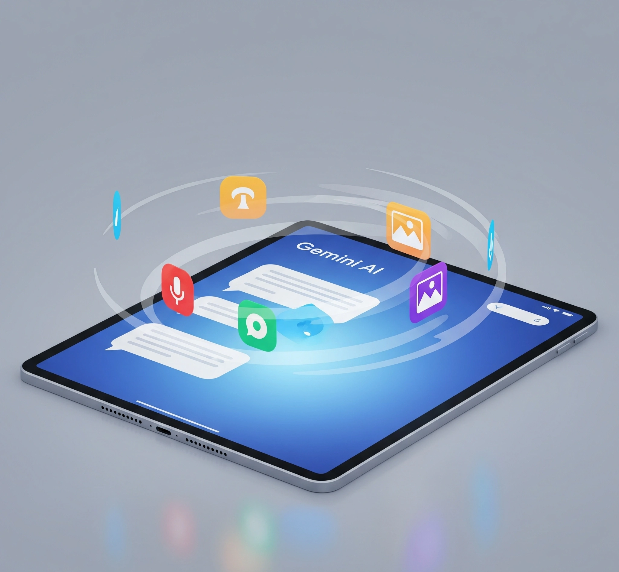 Gambar Utama Ilustrasi modern yang menunjukkan antarmuka Gemini App yang bersinar di perangkat tablet, dengan ikon-ikon multi-modal seperti teks, gambar, dan suara mengalir di sekitarnya, melambangkan kecanggihan Gemini AI dari Google.