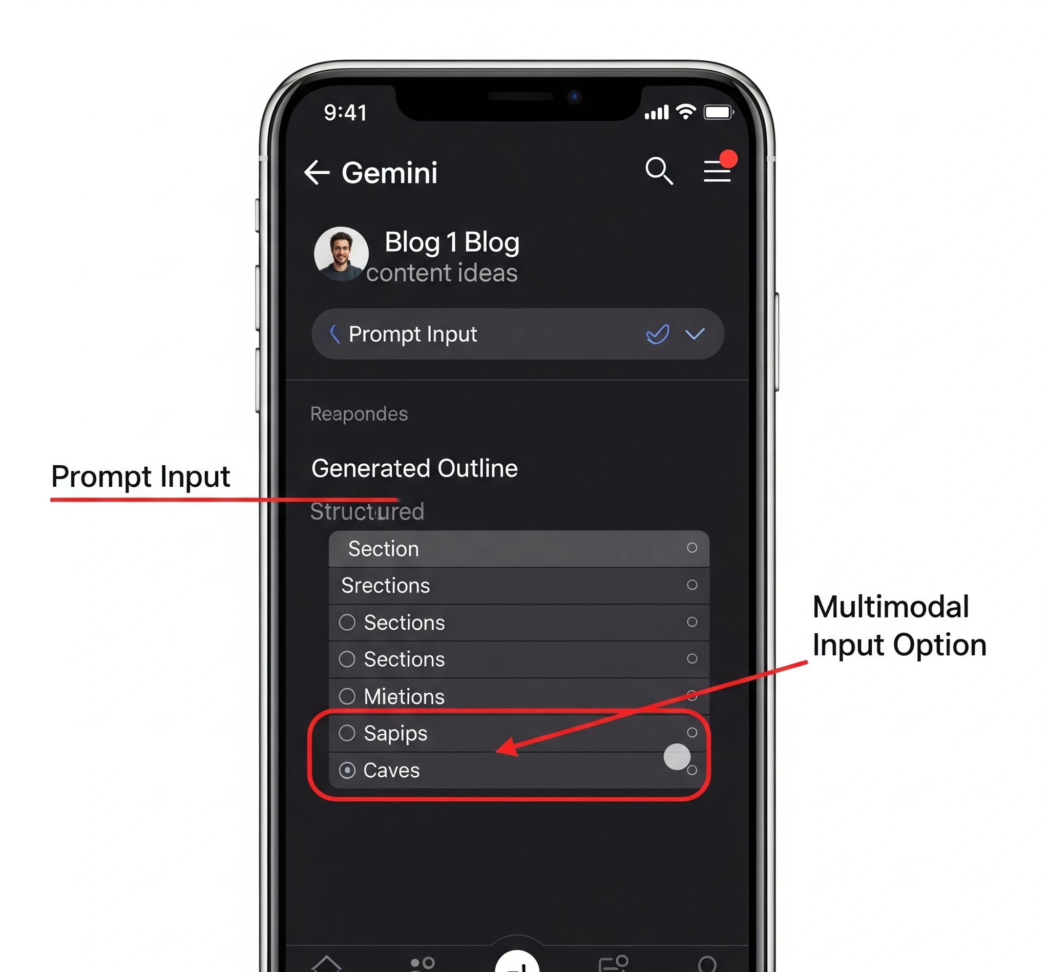 Screenshot antarmuka Gemini App menunjukkan percakapan dengan AI untuk menghasilkan ide konten blog, dengan tanggapan AI yang terstruktur. Anotasi menyoroti 'Prompt Input', 'Generated Outline', dan 'Multimodal Input Option'. Ini adalah bagian penting dari tutorial pakai Gemini App.