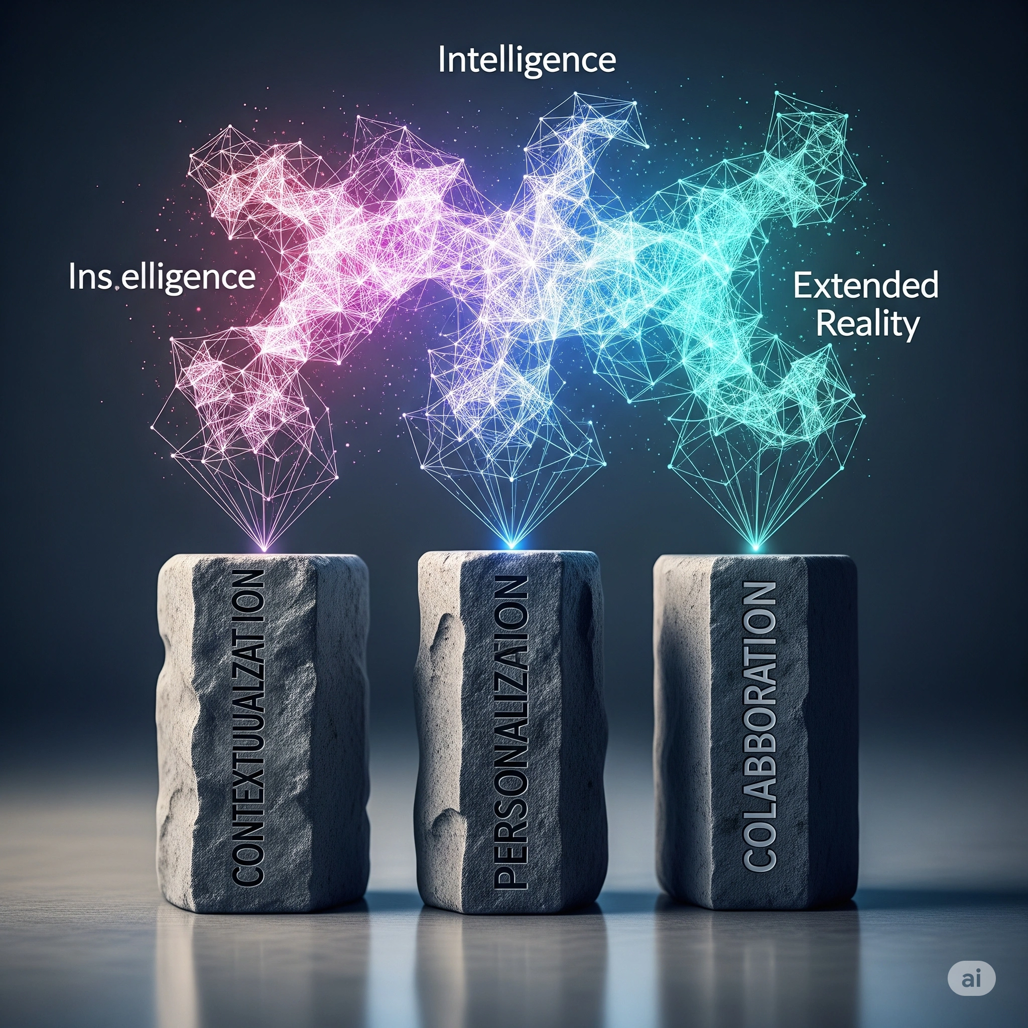 Gambar tiga pilar yang kokoh dengan tulisan Kontekstualisasi, Personalisasi, dan Kolaborasi di masing-masing pilar, menyangga sebuah bentuk abstrak yang melambangkan Intelligent Assistance atau AI XR yang Efektif.