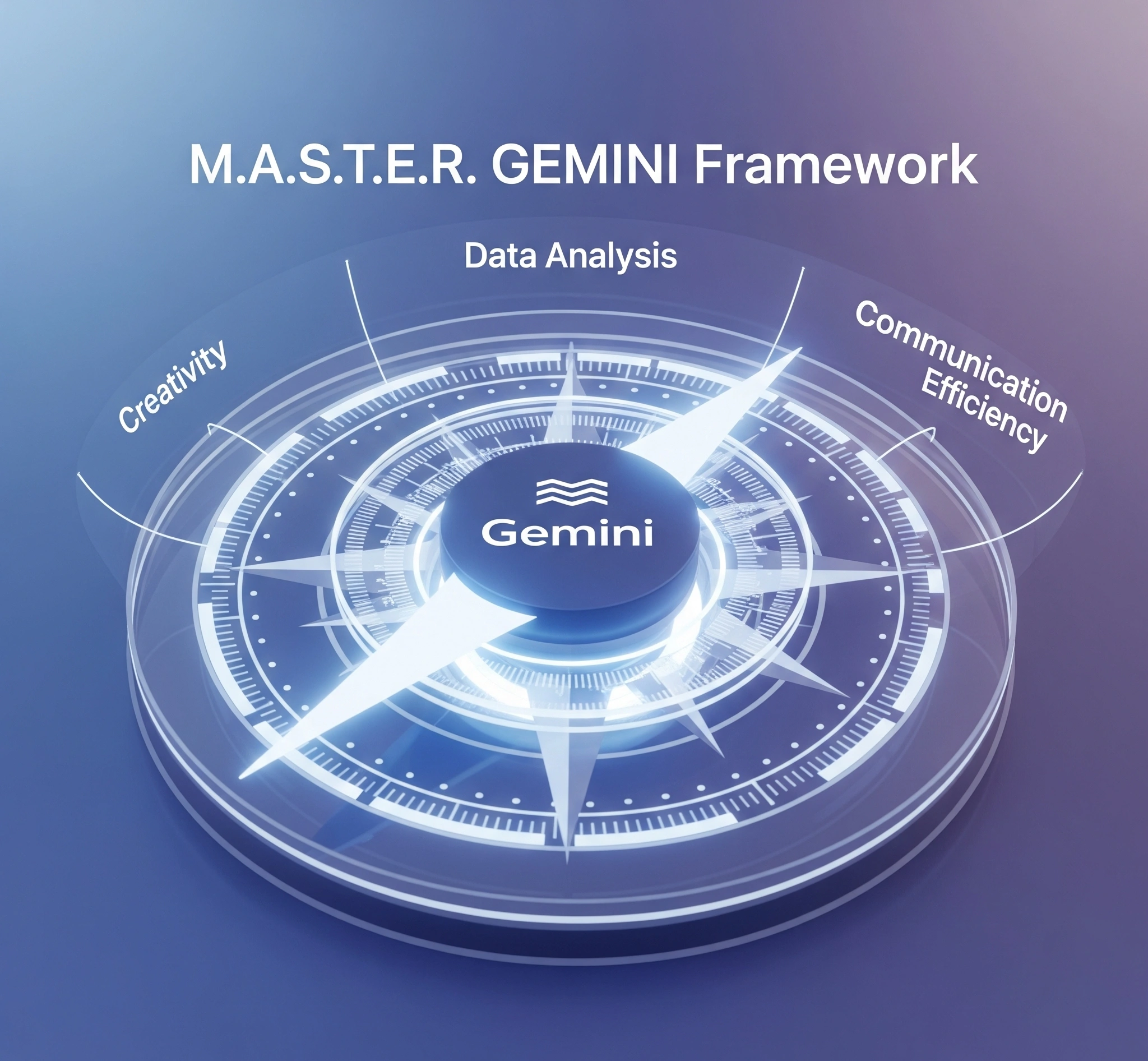 Gambar Metafora Sebuah kompas digital yang bersinar, di pusatnya terdapat logo Gemini, dengan jarum kompas menunjuk ke berbagai arah seperti 'Kreativitas', 'Analisis Data', 'Efisiensi Komunikasi', melambangkan panduan Framework M.A.S.T.E.R. GEMINI untuk tutorial pakai Gemini App.