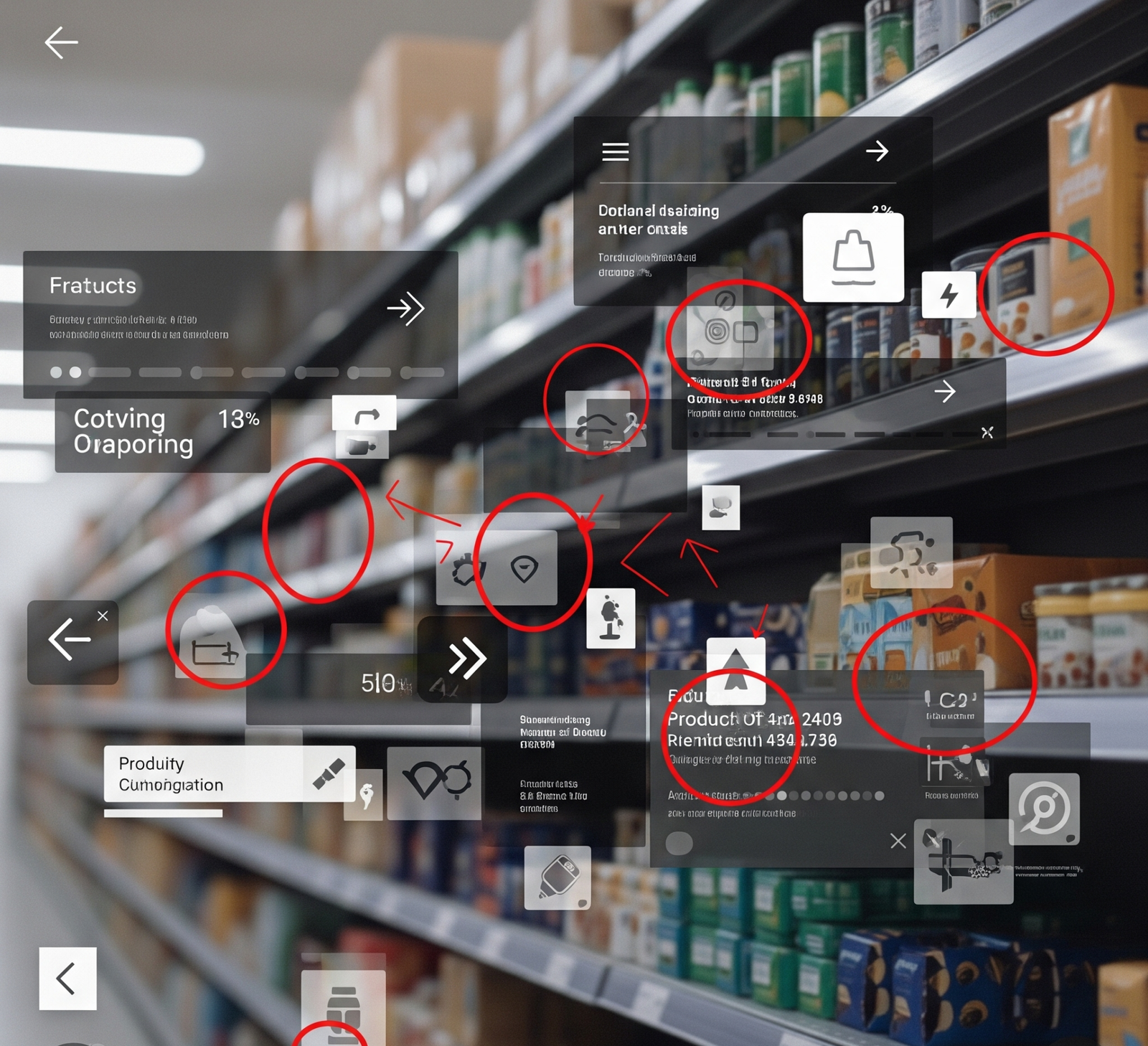 Screenshot antarmuka pengguna (mockup) Android XR glasses yang menunjukkan terlalu banyak informasi tumpang tindih (label rak, panah navigasi, informasi produk) sehingga membuat pandangan pekerja berantakan. Panah dan lingkaran menyorot area yang berpotensi menyebabkan kebingungan atau kelelahan visual.