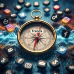 Gambar kompas yang menunjuk ke arah 'Tren', dikelilingi oleh ikon-ikon media sosial dan gelombang data digital, melambangkan panduan strategis dalam menavigasi dan menciptakan tren di platform digital seperti
