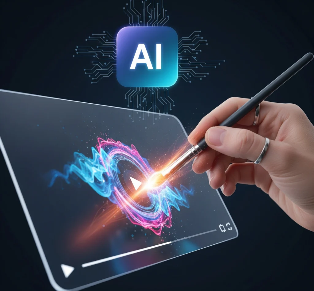 Sebuah tangan manusia yang memegang kuas digital, dengan sapuan kuas tersebut menciptakan efek visual yang menakjubkan pada sebuah video pendek yang sedang diproses oleh ikon AI yang bersinar lembut di latar belakang. Menggambarkan sinergi antara kreativitas manusia dan kekuatan AI.