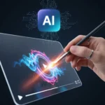 Sebuah tangan manusia yang memegang kuas digital, dengan sapuan kuas tersebut menciptakan efek visual yang menakjubkan pada sebuah video pendek yang sedang diproses oleh ikon AI yang bersinar lembut di latar belakang. Menggambarkan sinergi antara kreativitas manusia dan kekuatan AI.