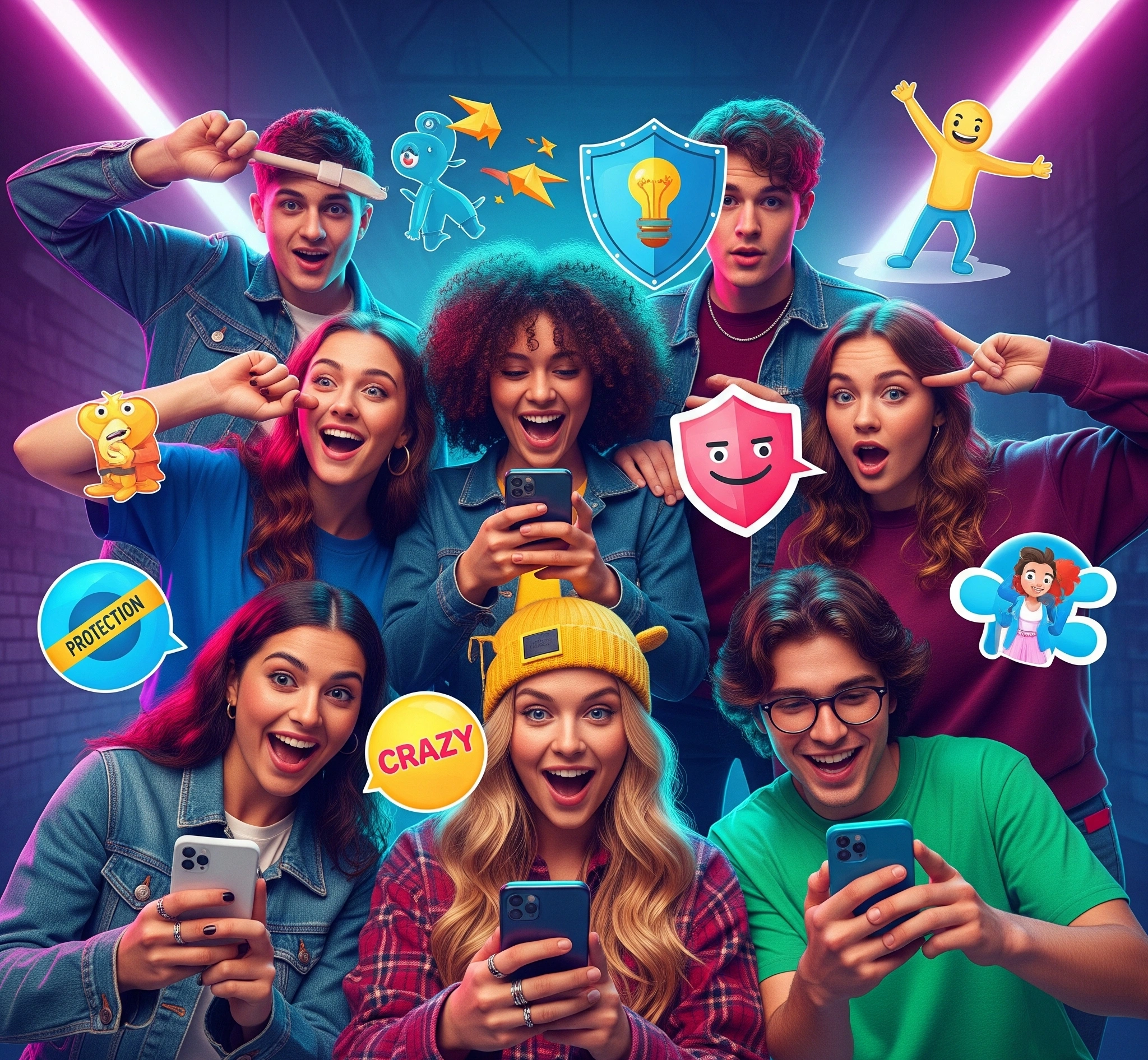 Gambar dinamis yang menunjukkan grup anak muda berinteraksi dengan ponsel, melambangkan berbagai tantangan TikTok yang kreatif dan aman, dengan elemen visual yang mengindikasikan ide-ide 'gokil' dan juga simbo