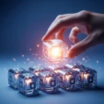Gambar metafora tangan yang secara cerdas mengatur paket-paket data digital bercahaya menjadi blok-blok rapi dan ringkas, melambangkan manajemen data yang efisien dan strategi penghematan cerdas untuk cara hem